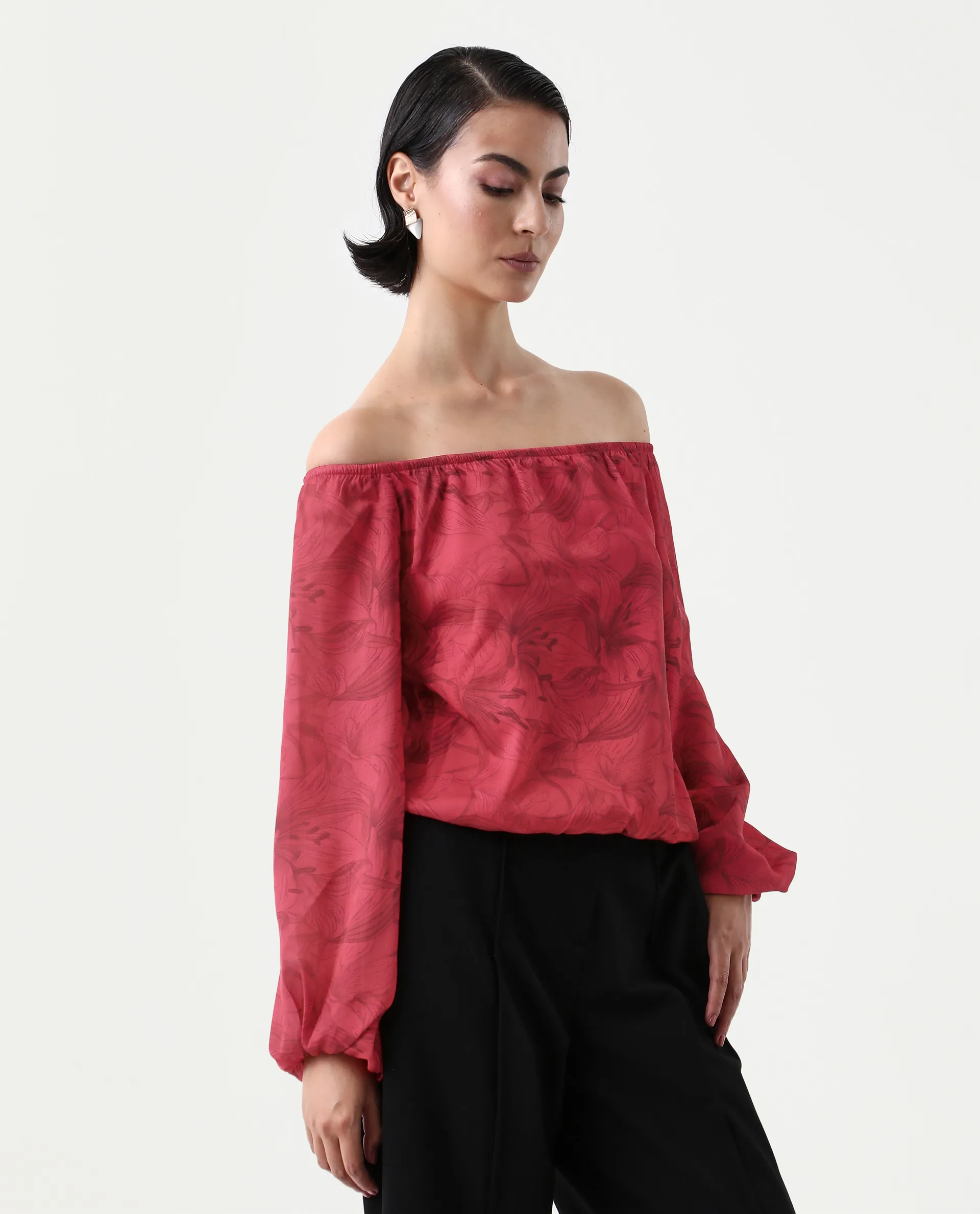 Rareism Women's Somgam Dark Red Polyester Off Shoulder Floral Print Bishop Sleeve Regular Fit Top - Image 6