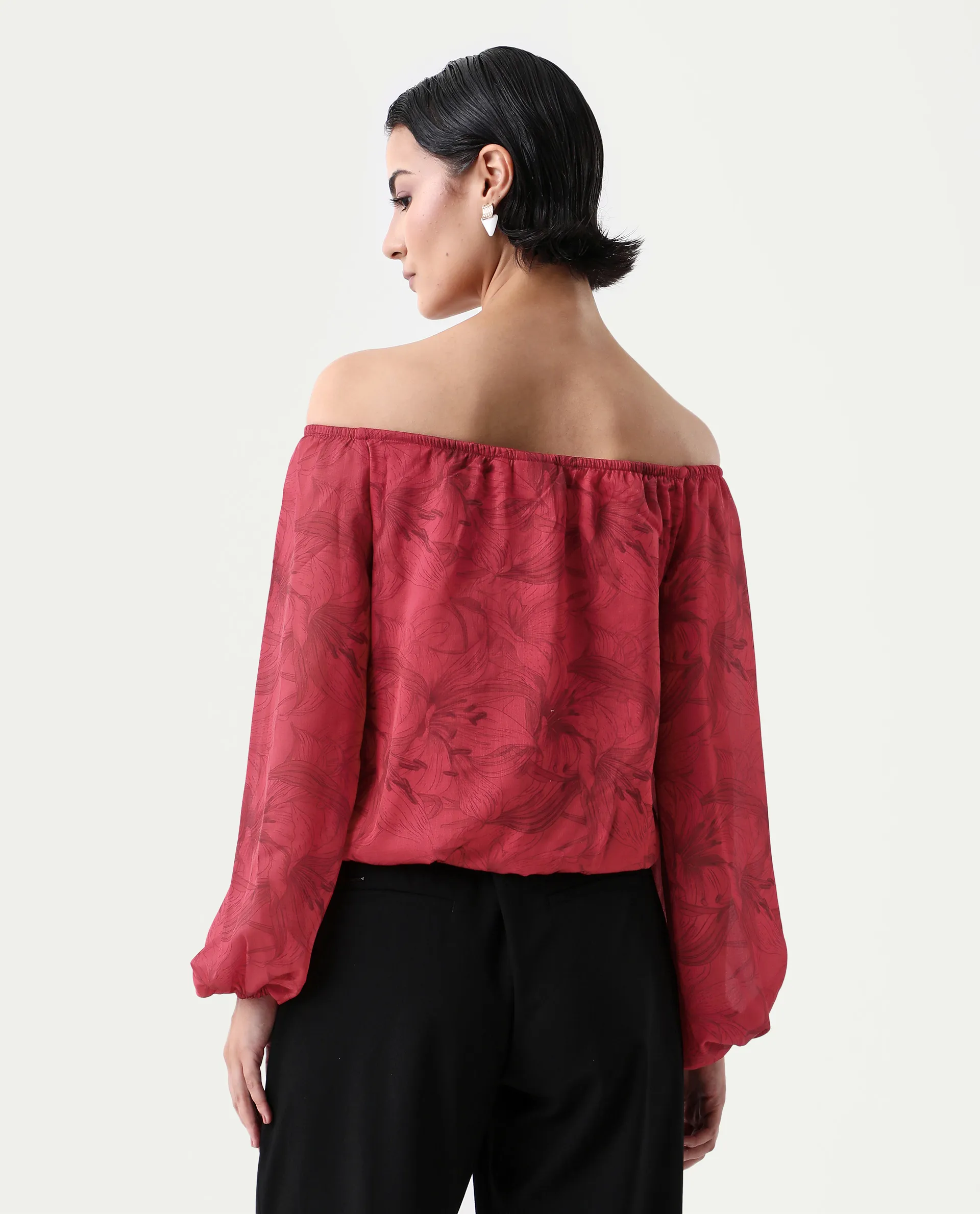 Rareism Women's Somgam Dark Red Polyester Off Shoulder Floral Print Bishop Sleeve Regular Fit Top - Image 7