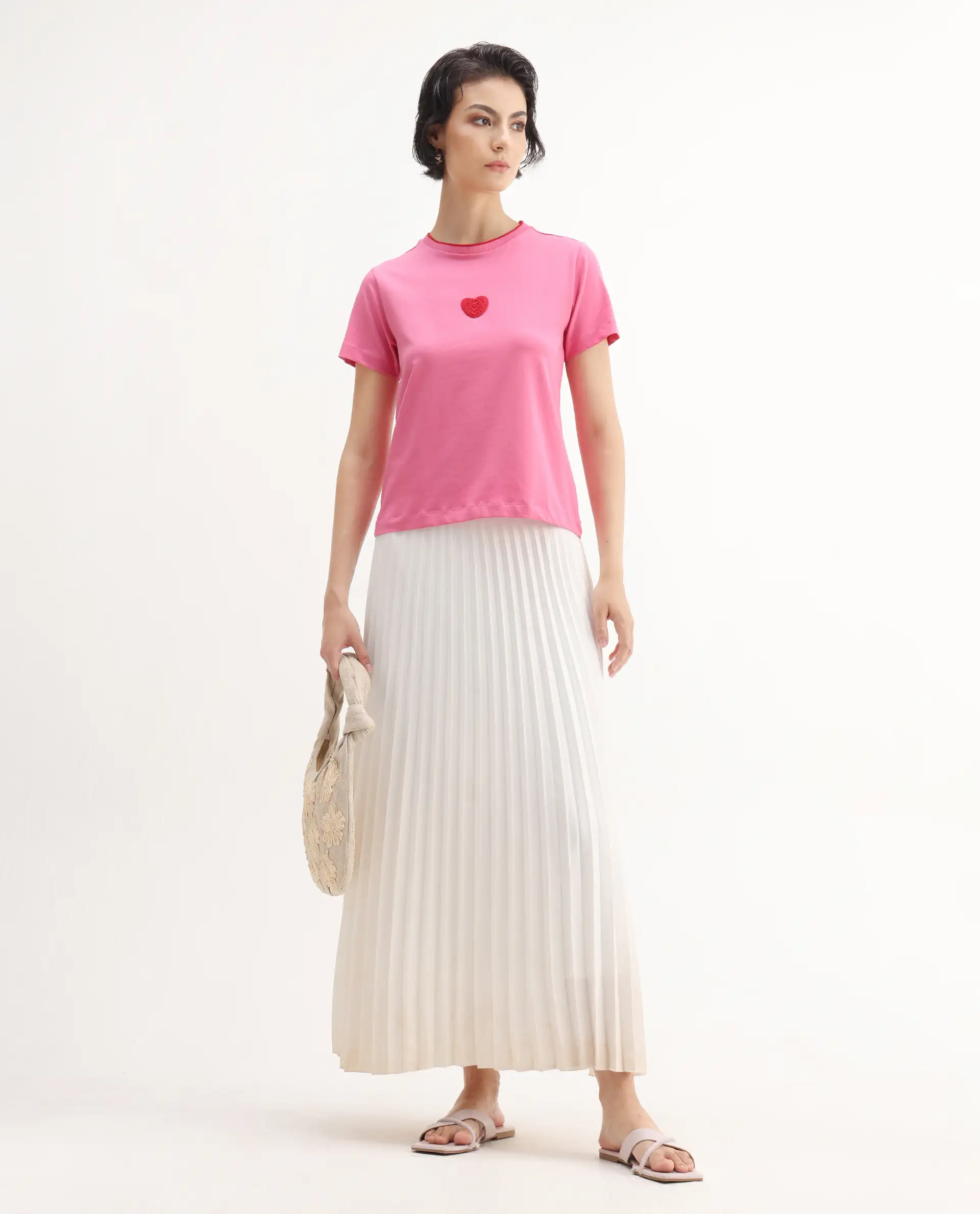 Rareism Women's Somger Pink Cotton Blend Crew Neck Embroidered Regular Fit T-Shirt - Image 2