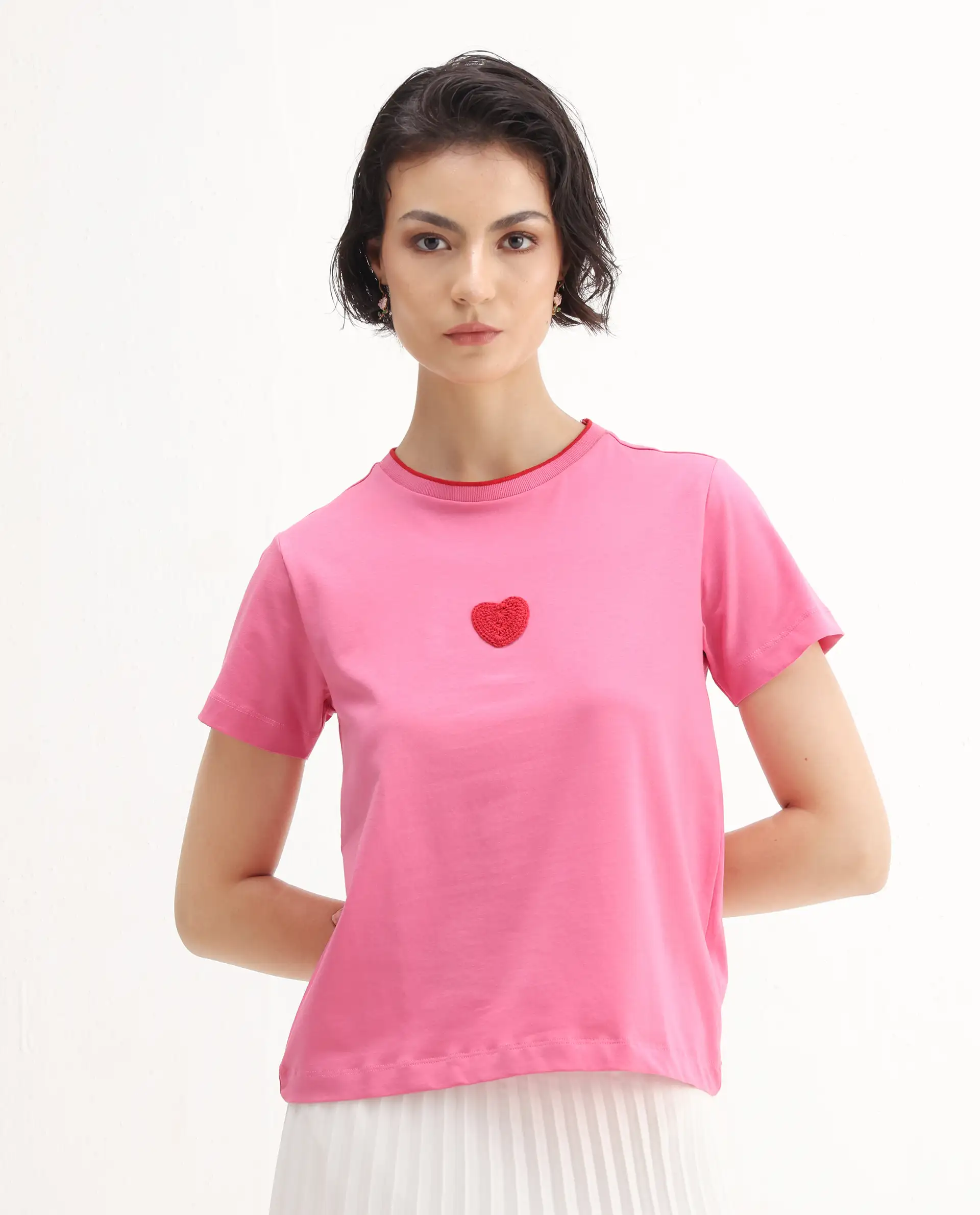 Rareism Women's Somger Pink Cotton Blend Crew Neck Embroidered Regular Fit T-Shirt - Image 3