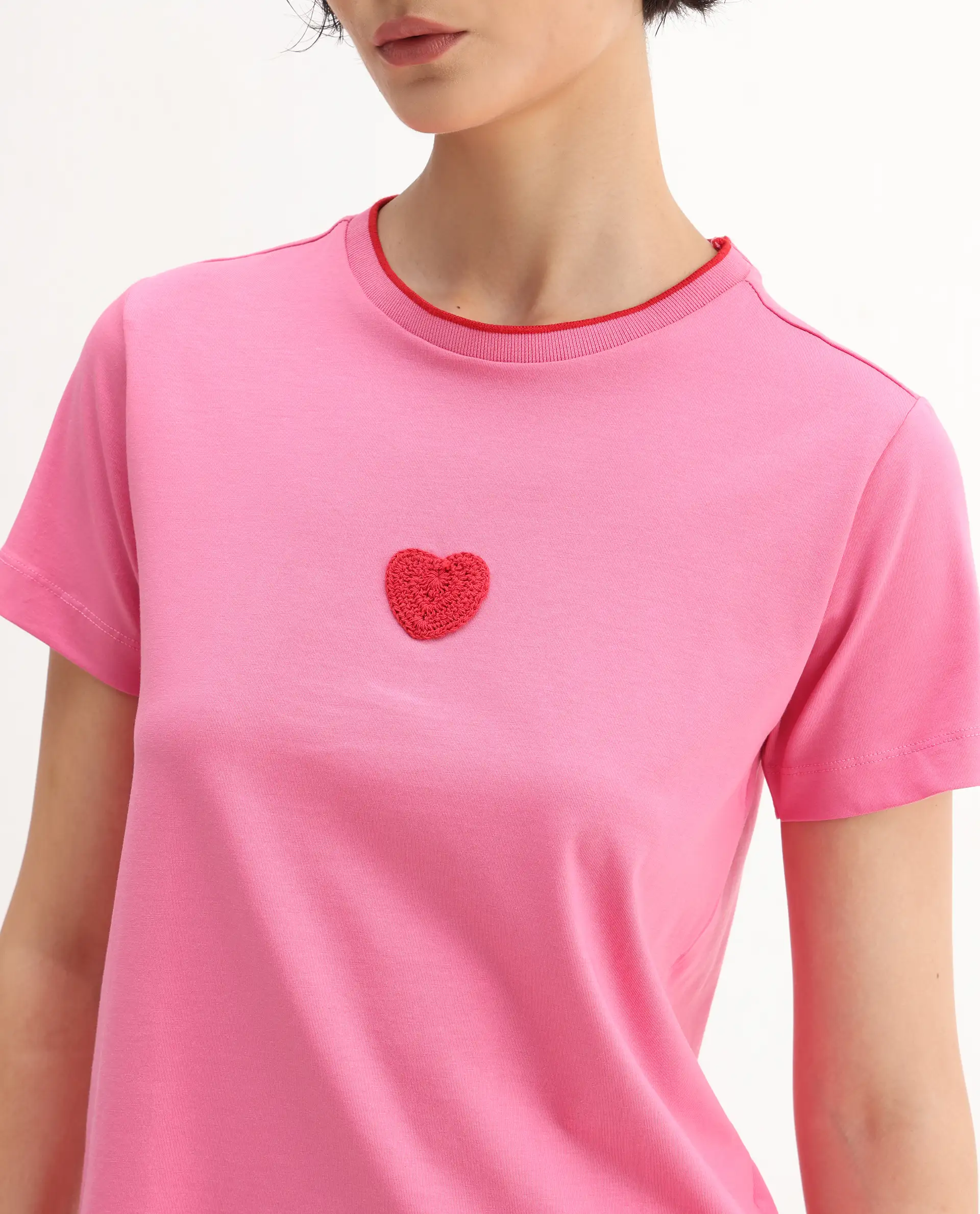 Rareism Women's Somger Pink Cotton Blend Crew Neck Embroidered Regular Fit T-Shirt - Image 4