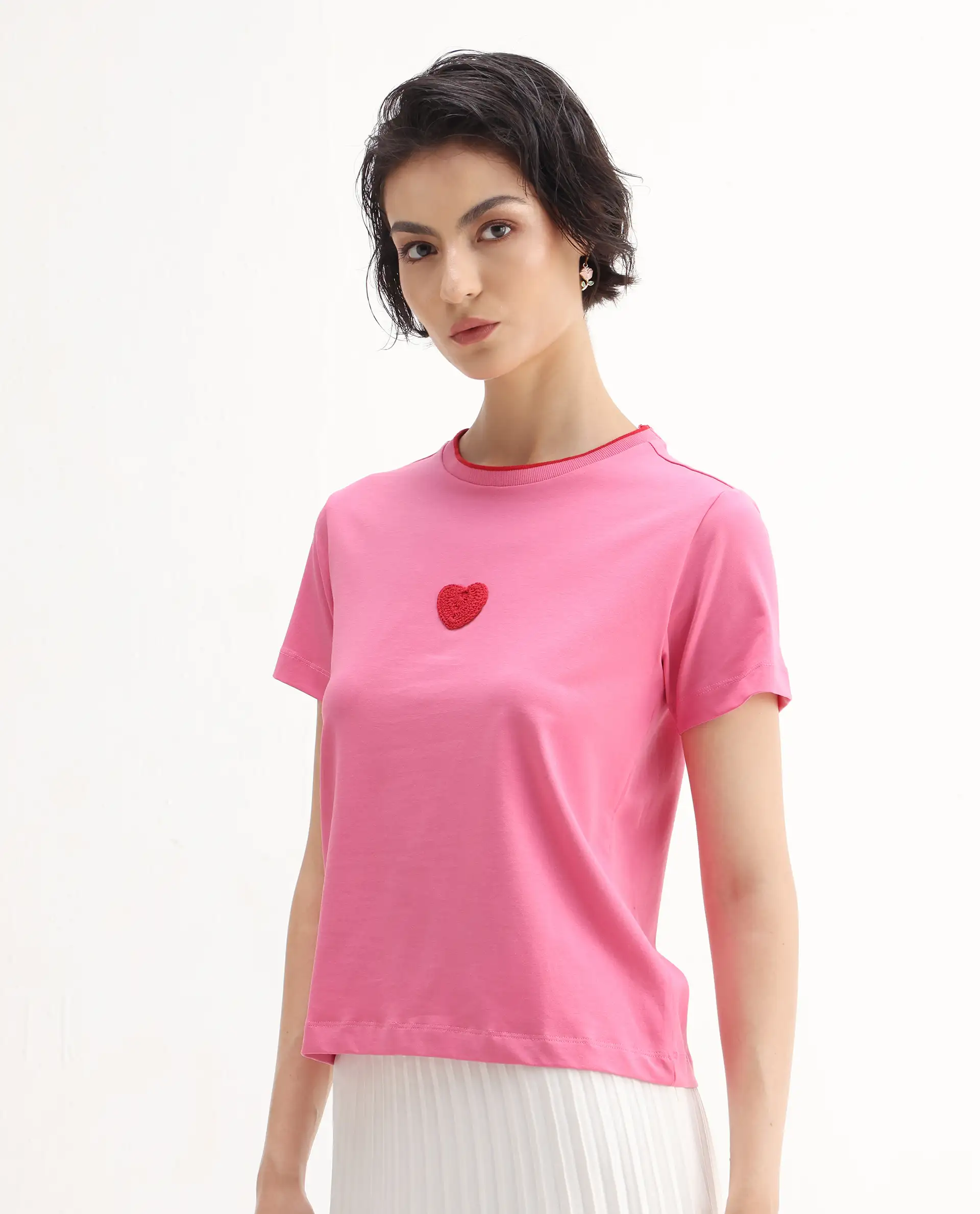 Rareism Women's Somger Pink Cotton Blend Crew Neck Embroidered Regular Fit T-Shirt - Image 6