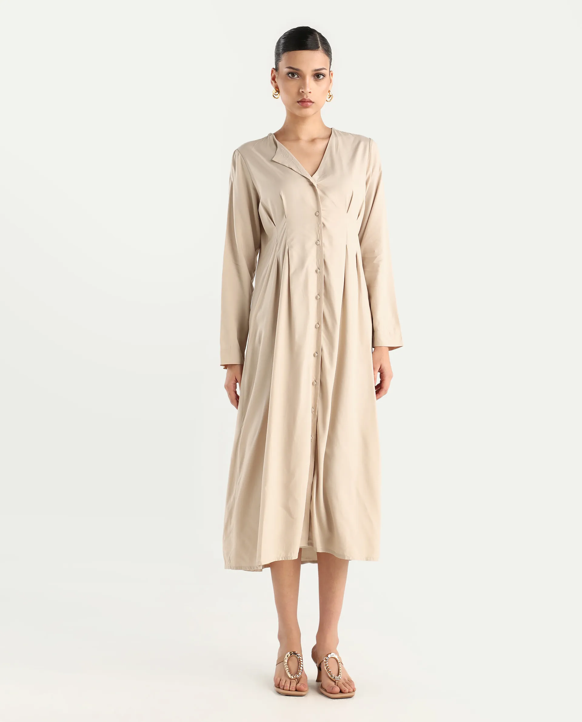 Rareism Women's Somgrip Beige Viscose V-Neck Plain Midi A-Line Dress - Image 2