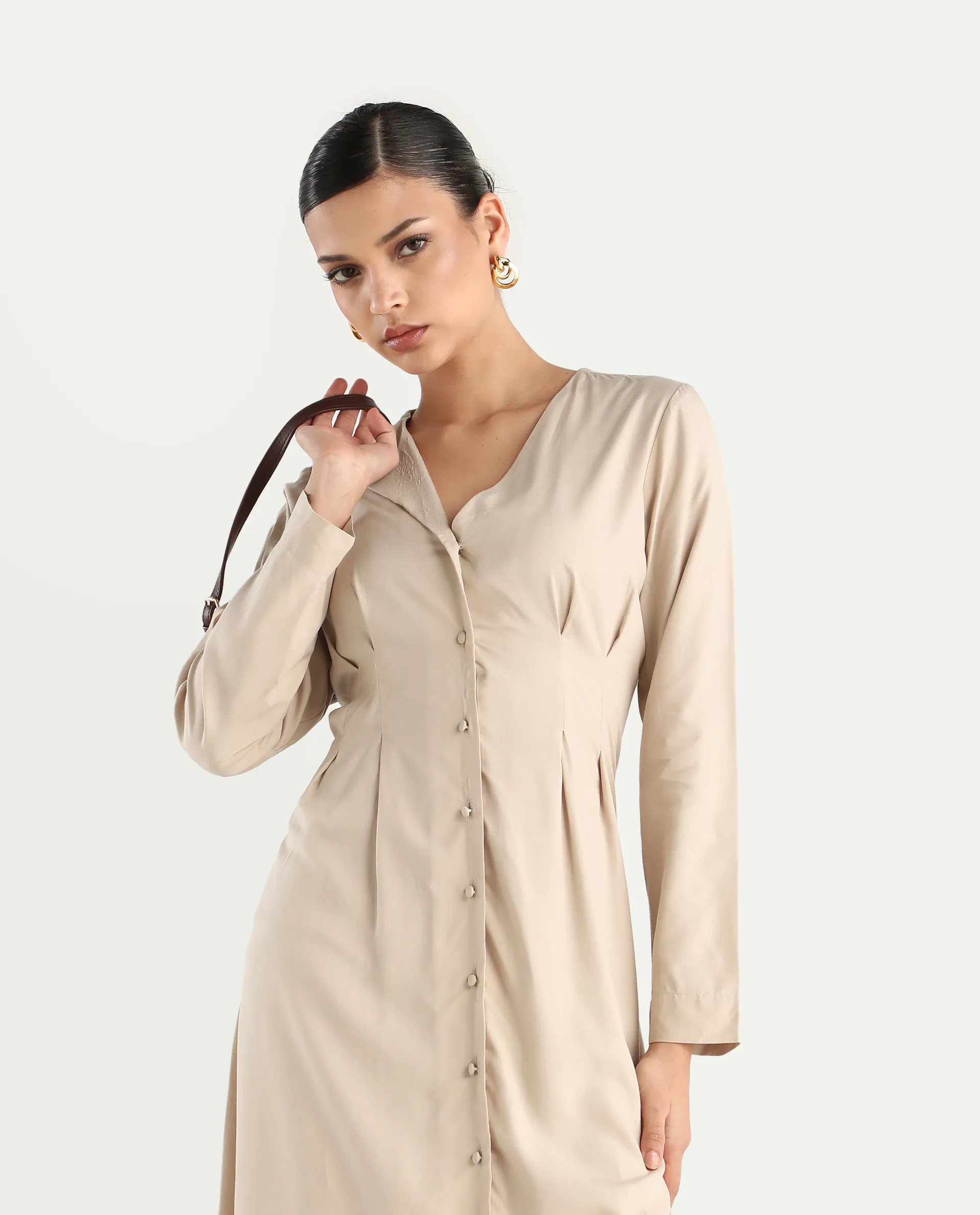 Rareism Women's Somgrip Beige Viscose V-Neck Plain Midi A-Line Dress - Image 3