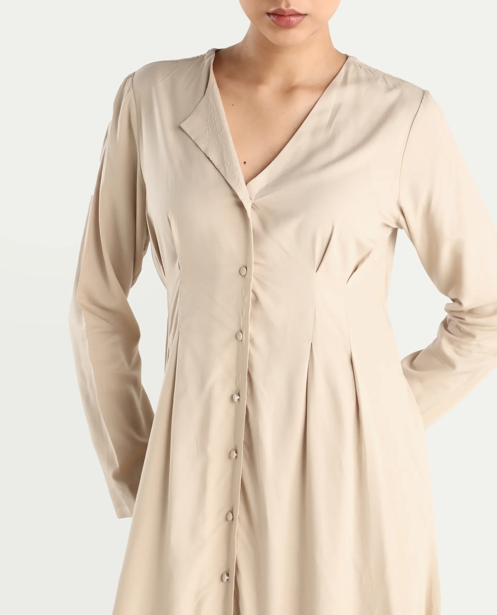 Rareism Women's Somgrip Beige Viscose V-Neck Plain Midi A-Line Dress - Image 4
