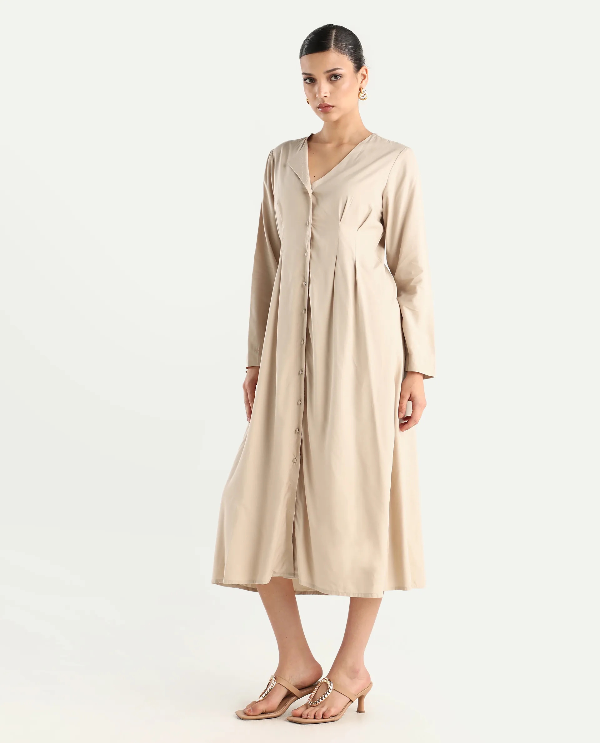 Rareism Women's Somgrip Beige Viscose V-Neck Plain Midi A-Line Dress - Image 5