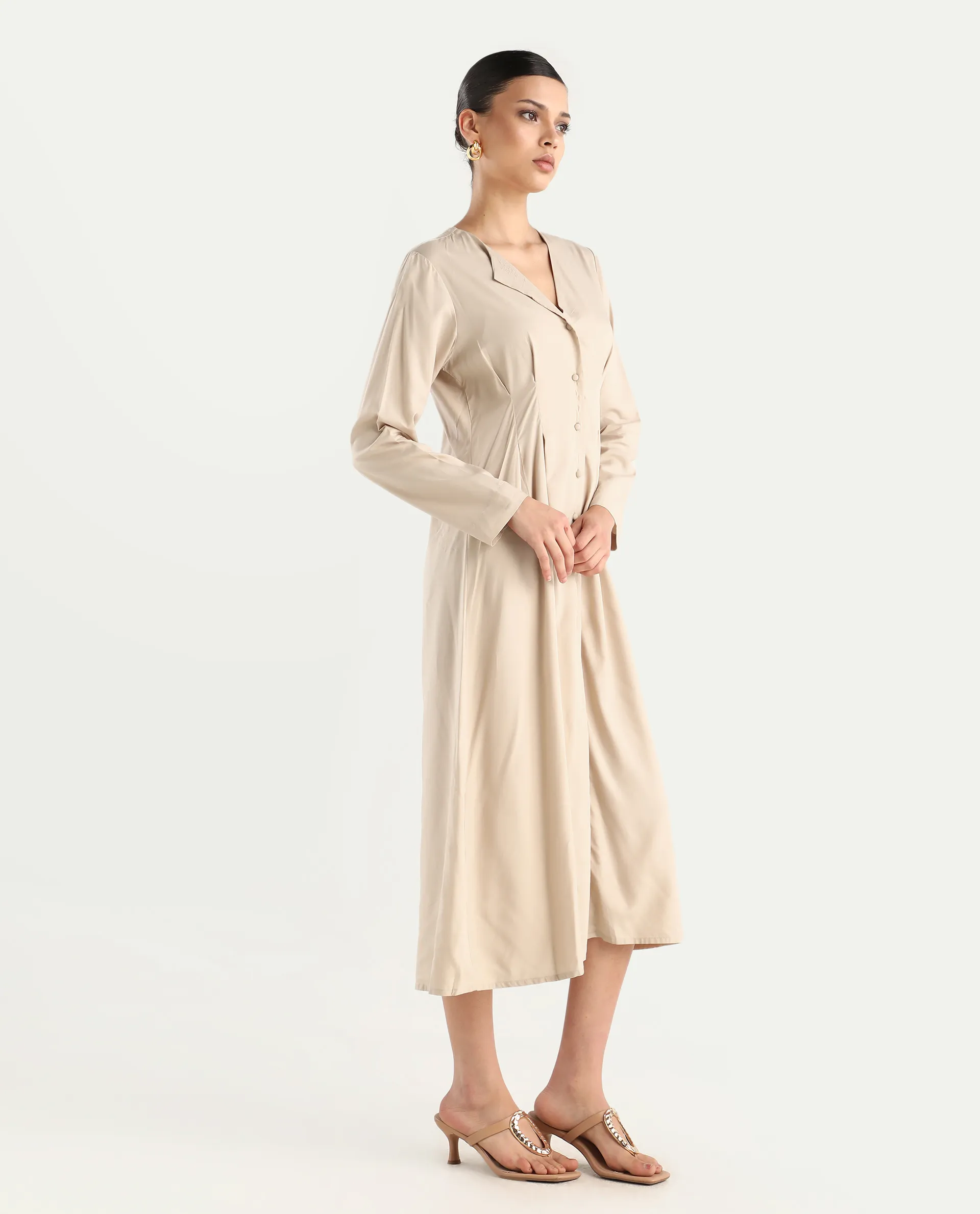 Rareism Women's Somgrip Beige Viscose V-Neck Plain Midi A-Line Dress - Image 6