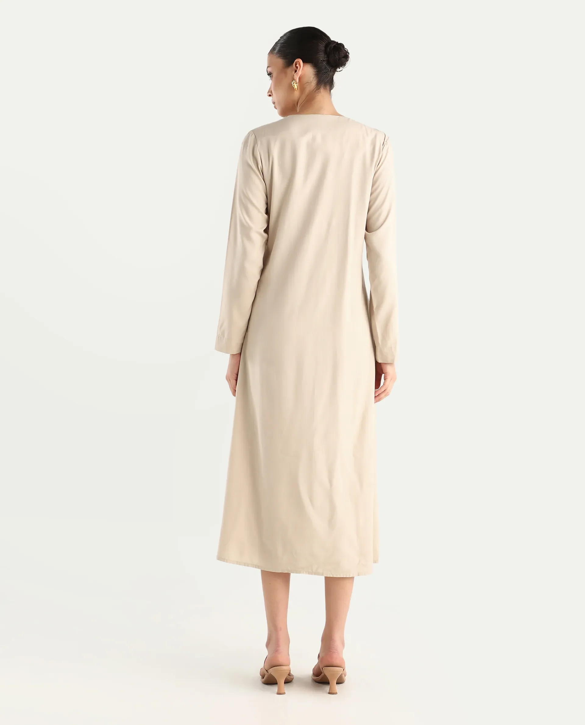 Rareism Women's Somgrip Beige Viscose V-Neck Plain Midi A-Line Dress - Image 7