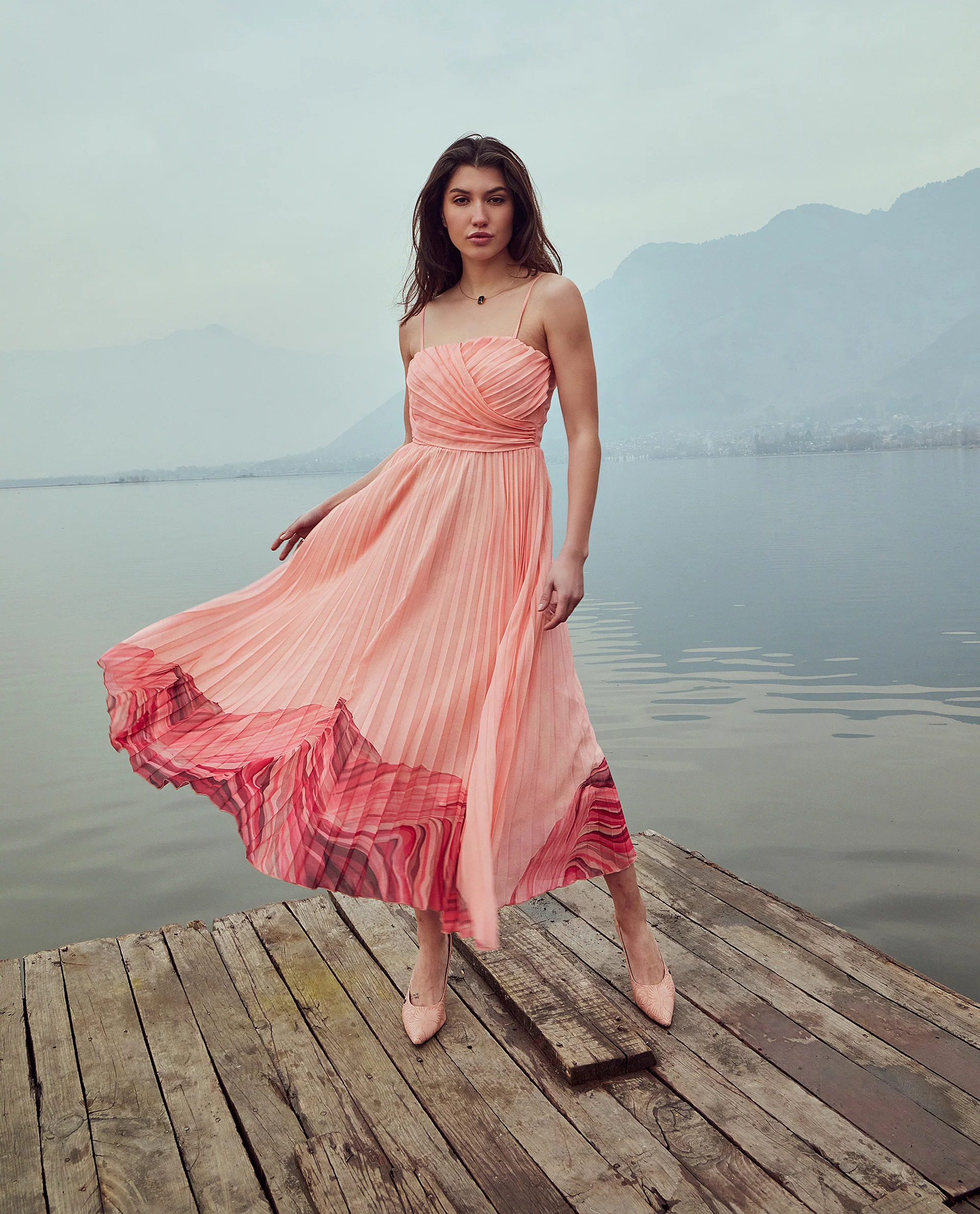 Rareism Women's Somhey Pink Polyester Shoulder Strap Plain Shoulder Strap Midi Fit And Flare Dress - Image 2