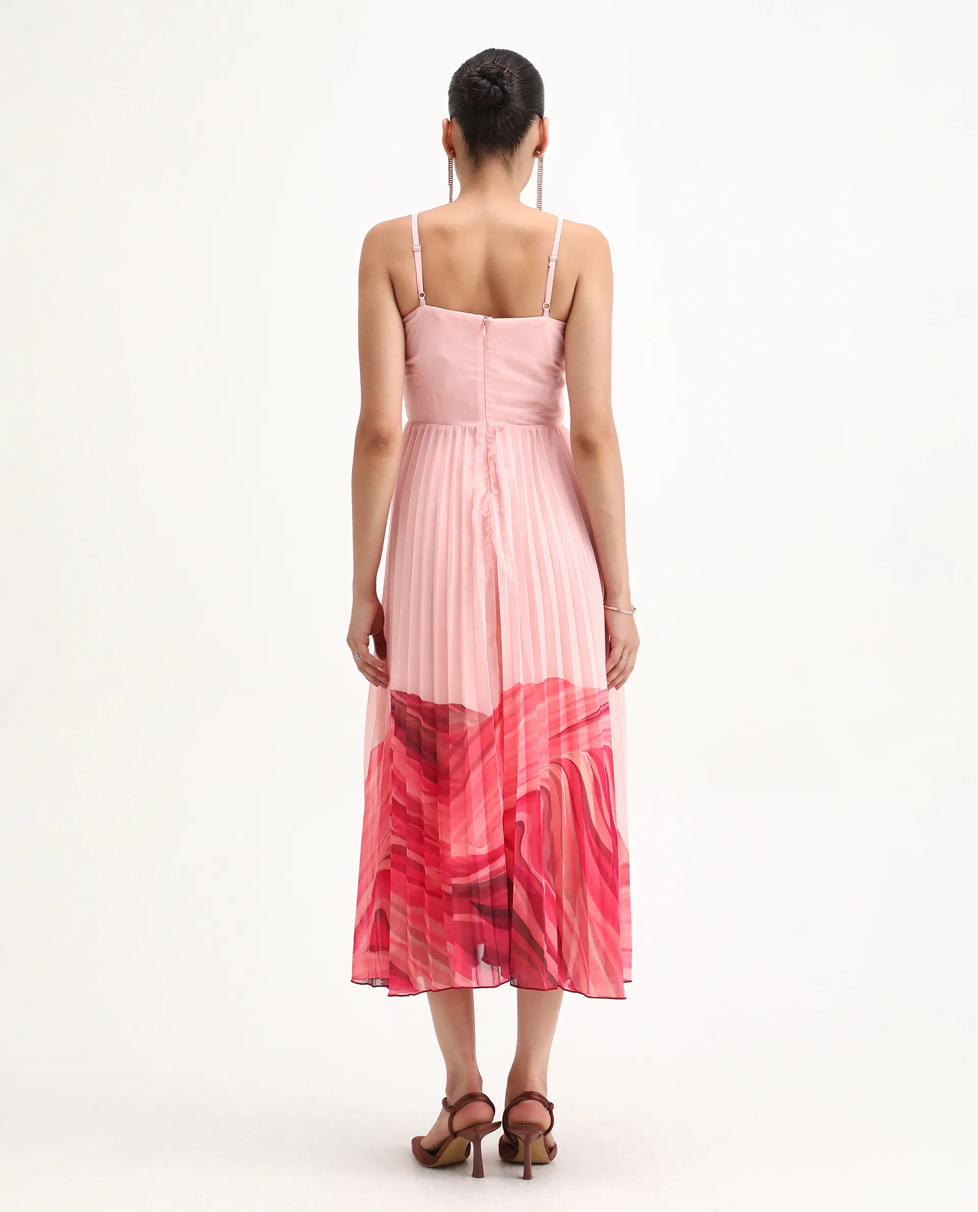Rareism Women's Somhey Pink Polyester Shoulder Strap Plain Shoulder Strap Midi Fit And Flare Dress - Image 3