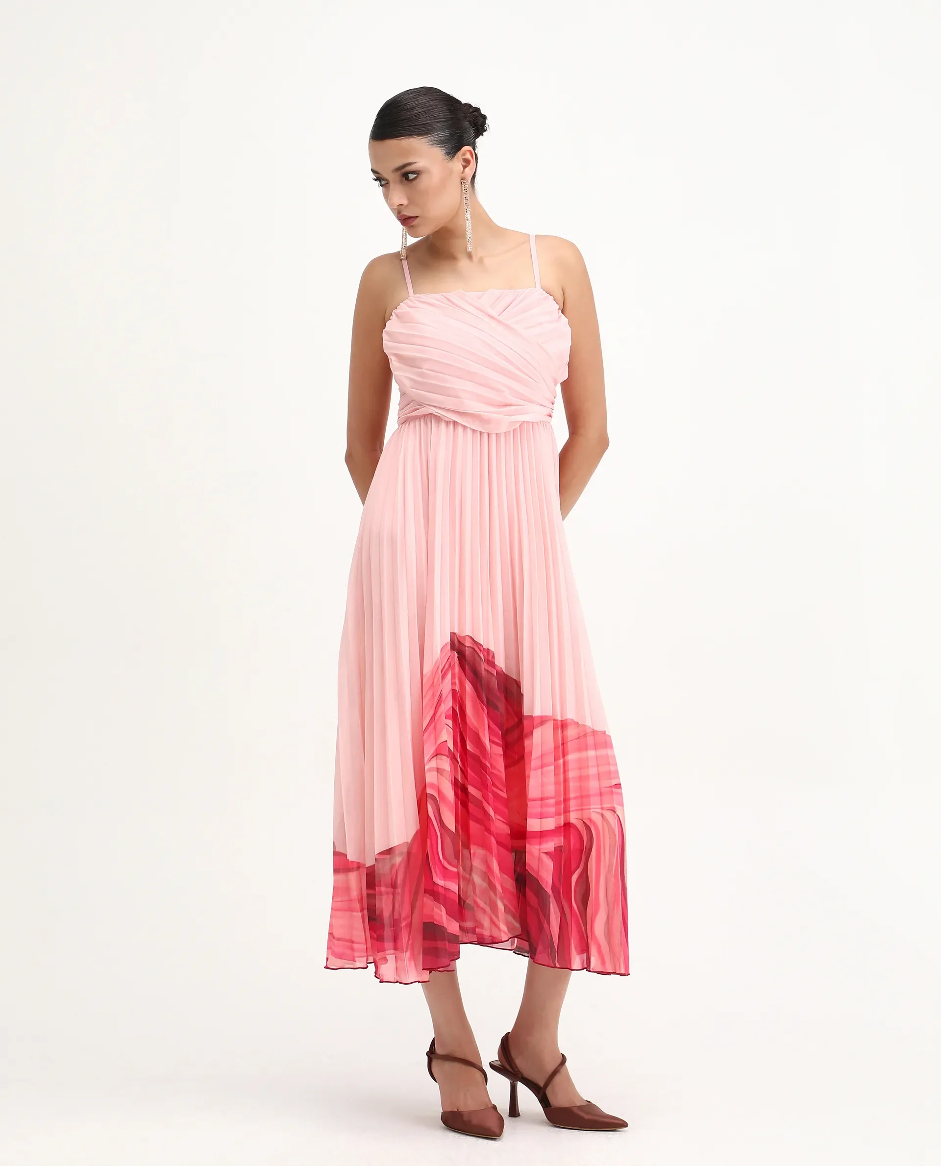 Rareism Women's Somhey Pink Polyester Shoulder Strap Plain Shoulder Strap Midi Fit And Flare Dress - Image 4