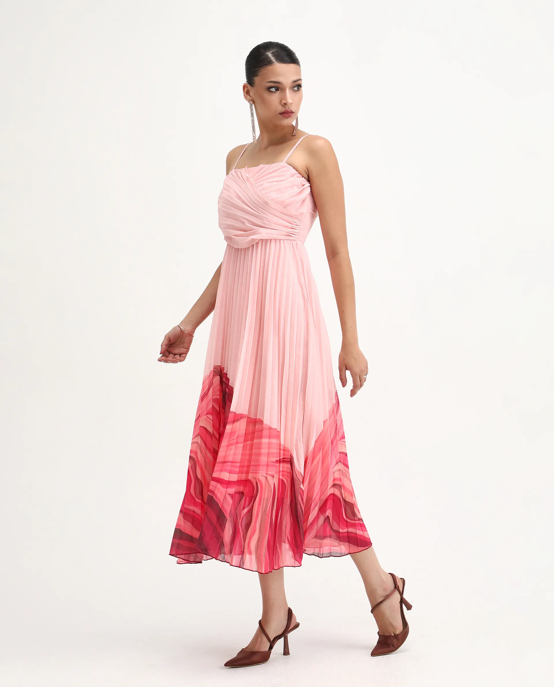 Rareism Women's Somhey Pink Polyester Shoulder Strap Plain Shoulder Strap Midi Fit And Flare Dress - Image 5