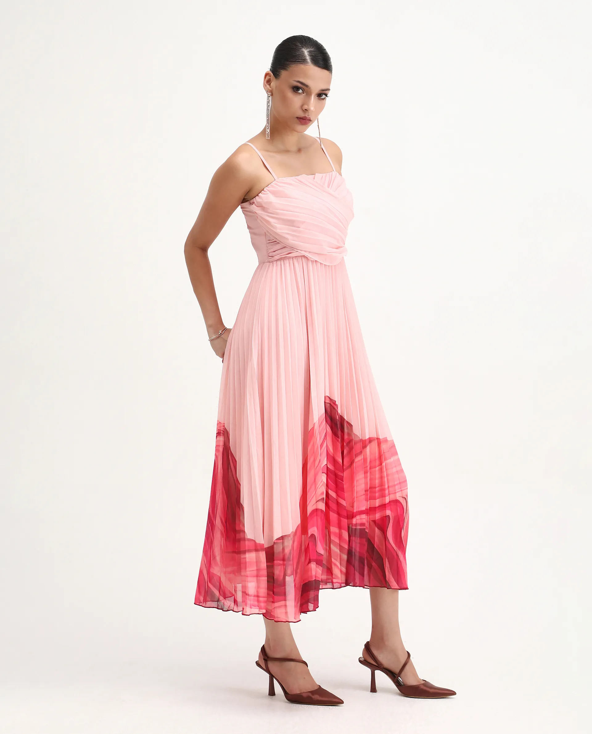 Rareism Women's Somhey Pink Polyester Shoulder Strap Plain Shoulder Strap Midi Fit And Flare Dress - Image 6