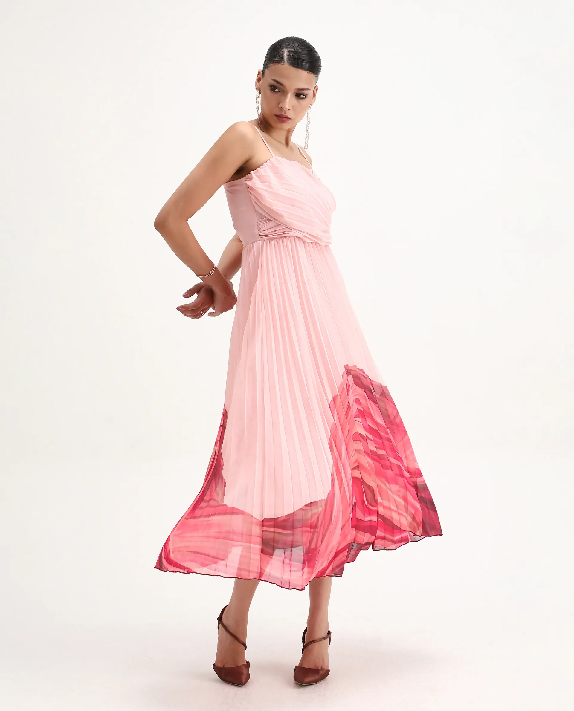 Rareism Women's Somhey Pink Polyester Shoulder Strap Plain Shoulder Strap Midi Fit And Flare Dress - Image 8