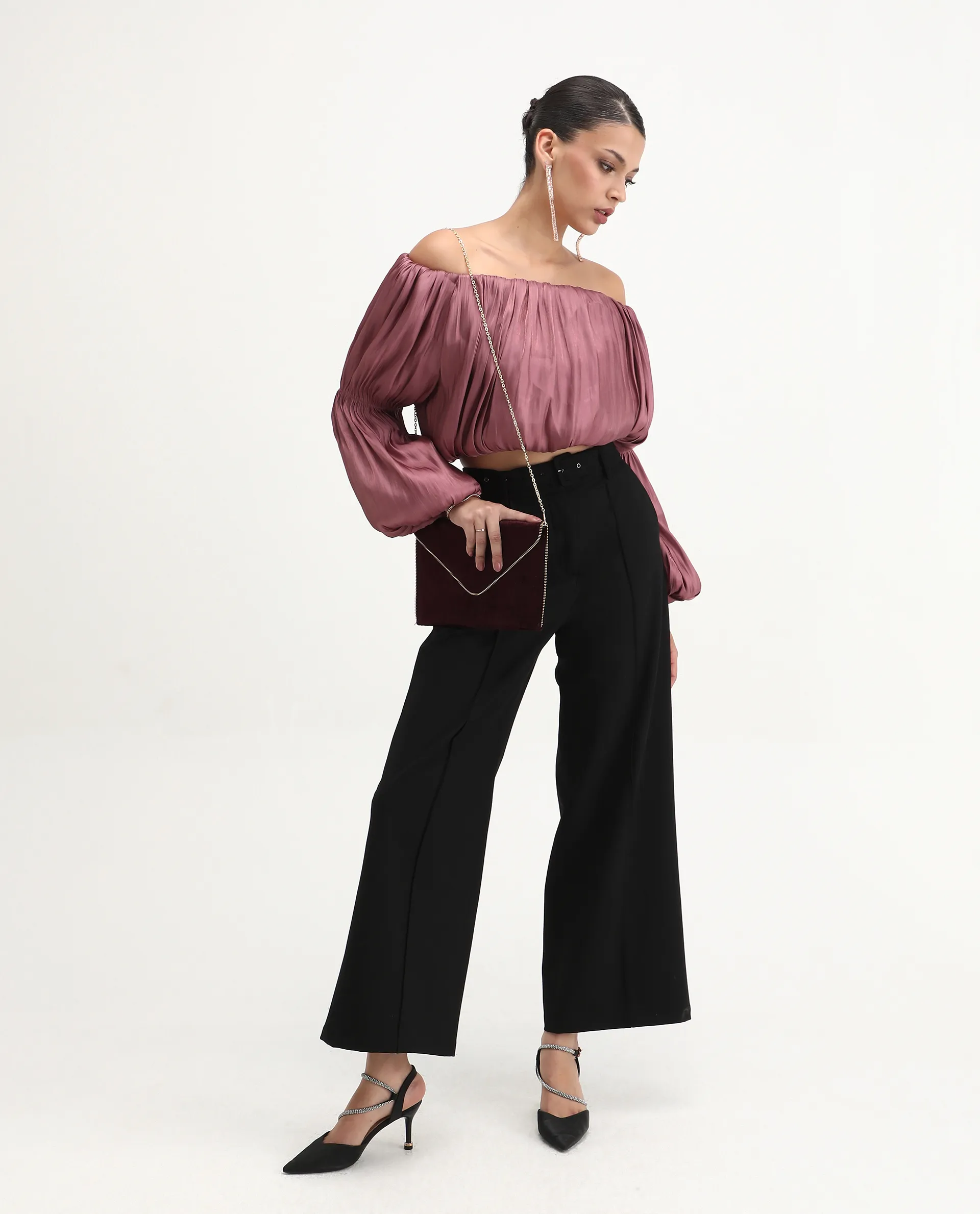 Rareism Women's Somhu Pink Polyester Off Shoulder Plain Fashion Sleeve Crop Fitted Top - Image 2