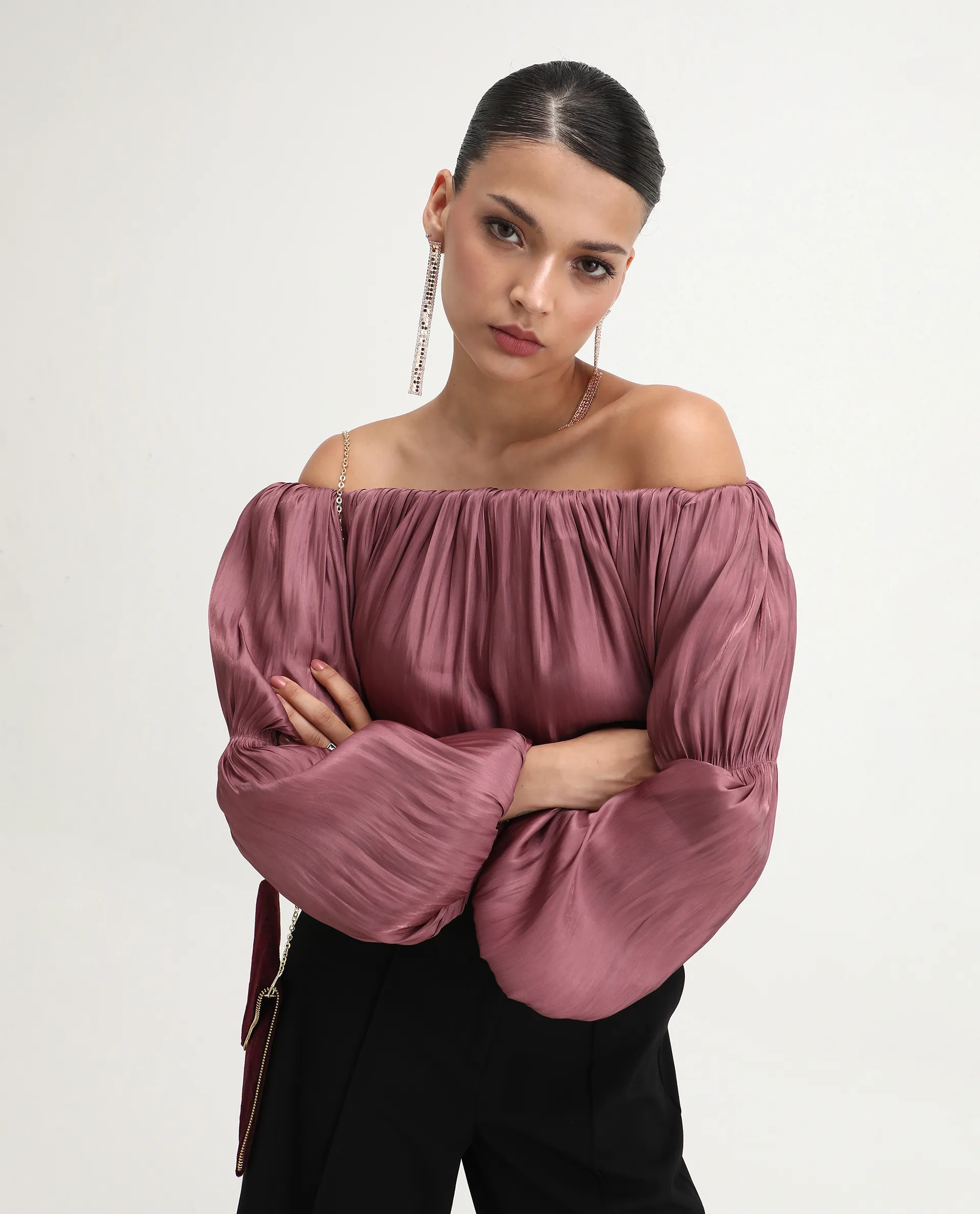 Rareism Women's Somhu Pink Polyester Off Shoulder Plain Fashion Sleeve Crop Fitted Top - Image 3
