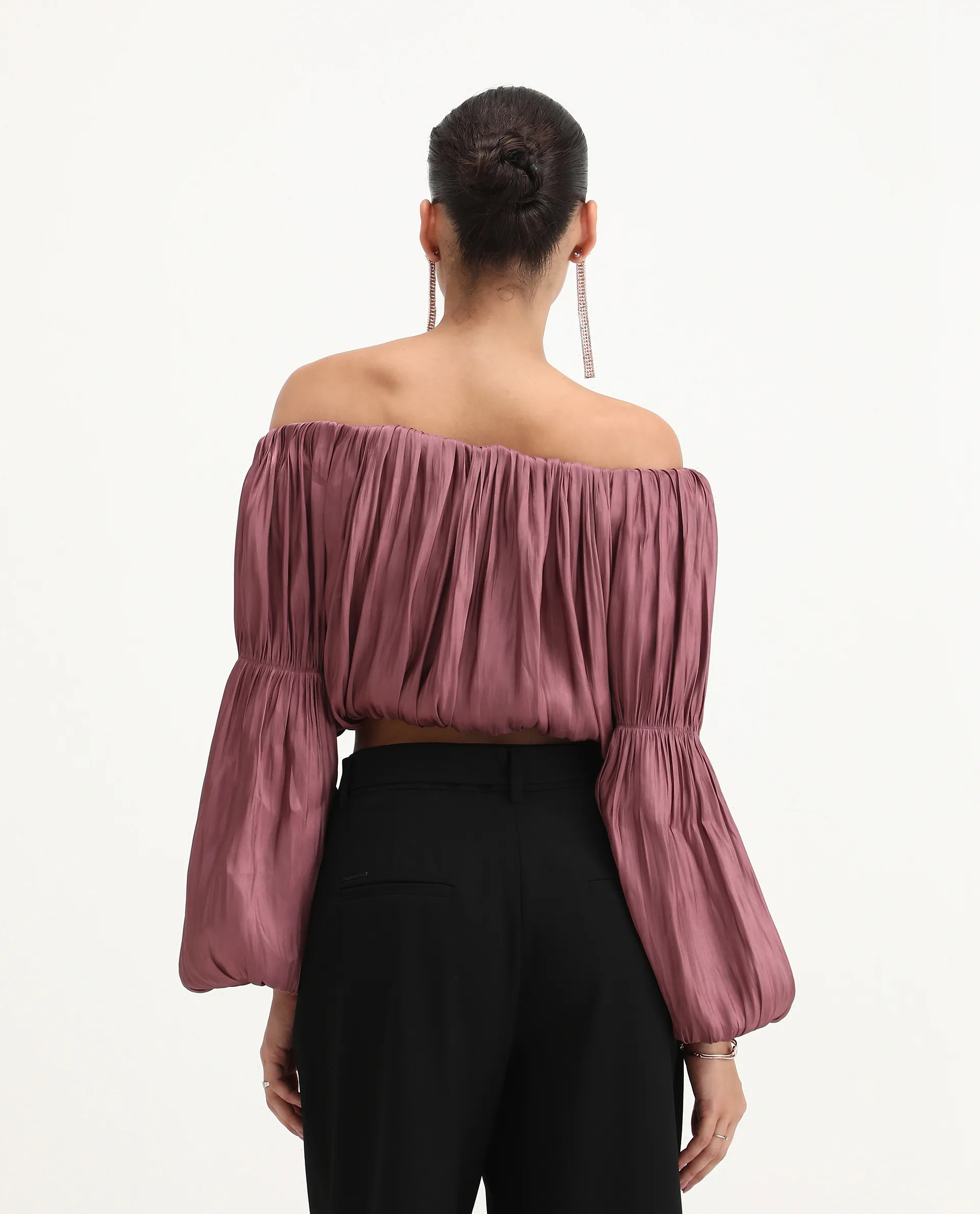 Rareism Women's Somhu Pink Polyester Off Shoulder Plain Fashion Sleeve Crop Fitted Top - Image 4