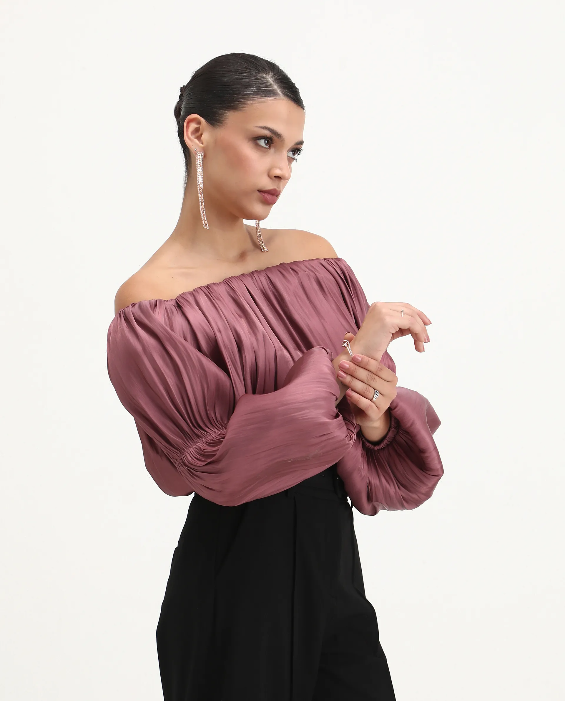 Rareism Women's Somhu Pink Polyester Off Shoulder Plain Fashion Sleeve Crop Fitted Top - Image 5