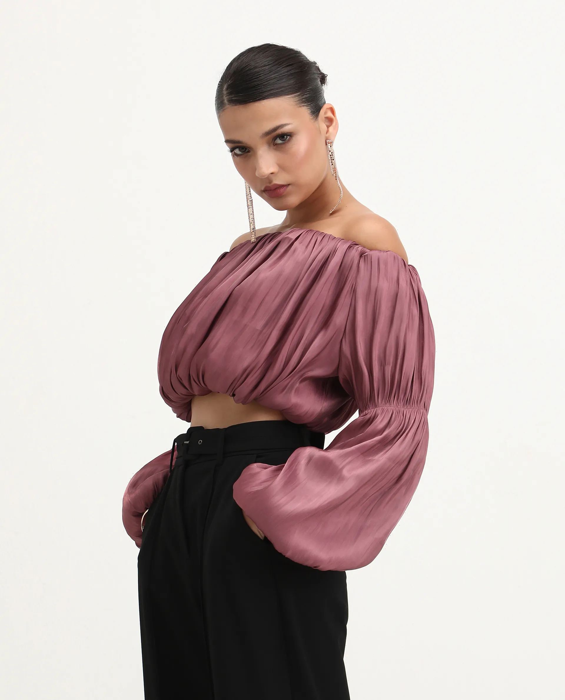 Rareism Women's Somhu Pink Polyester Off Shoulder Plain Fashion Sleeve Crop Fitted Top - Image 6