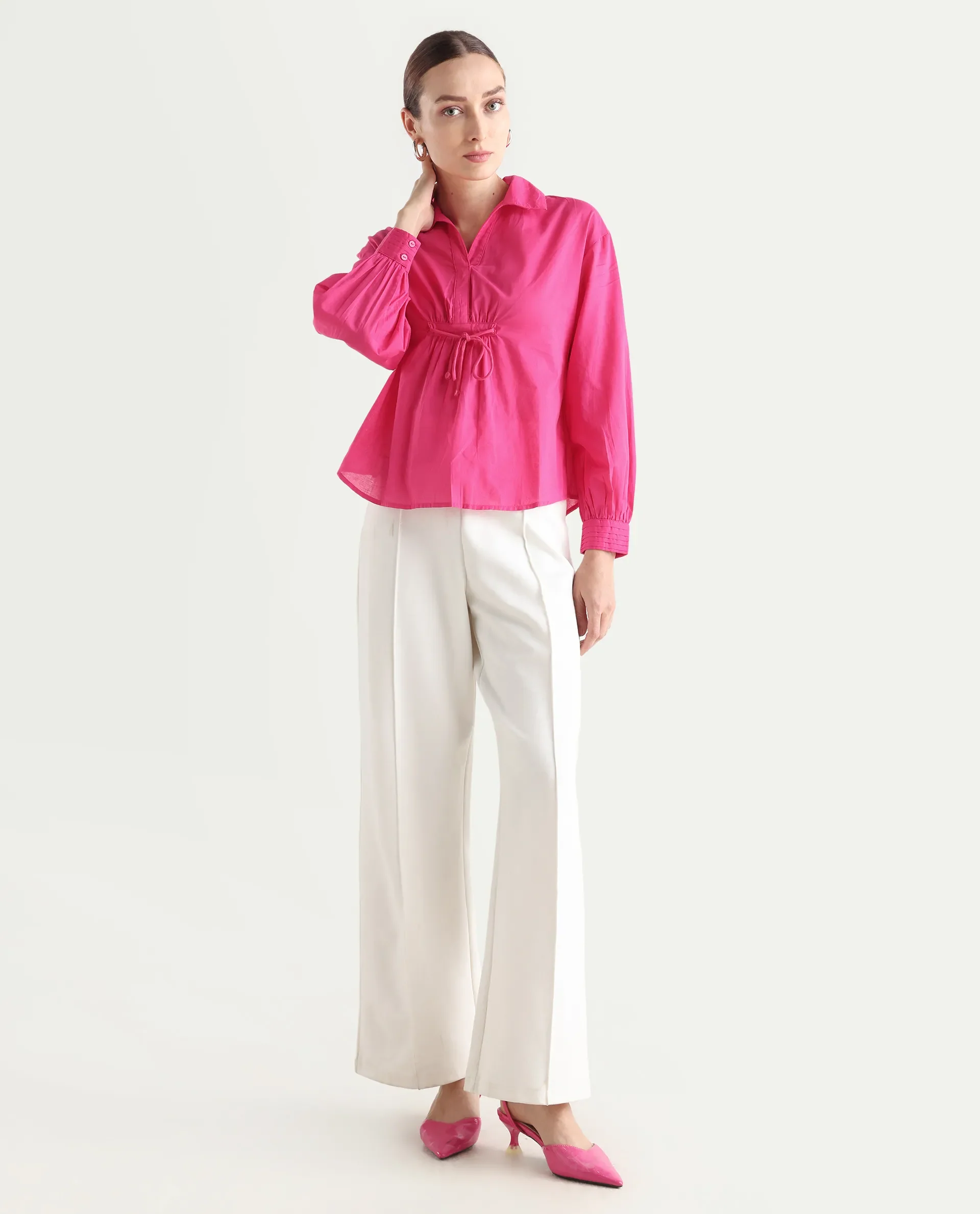 Rareism Women's Somhur T Pink Cotton Spread Collar Plain Bishop Sleeve Relaxed Fit Top - Image 2