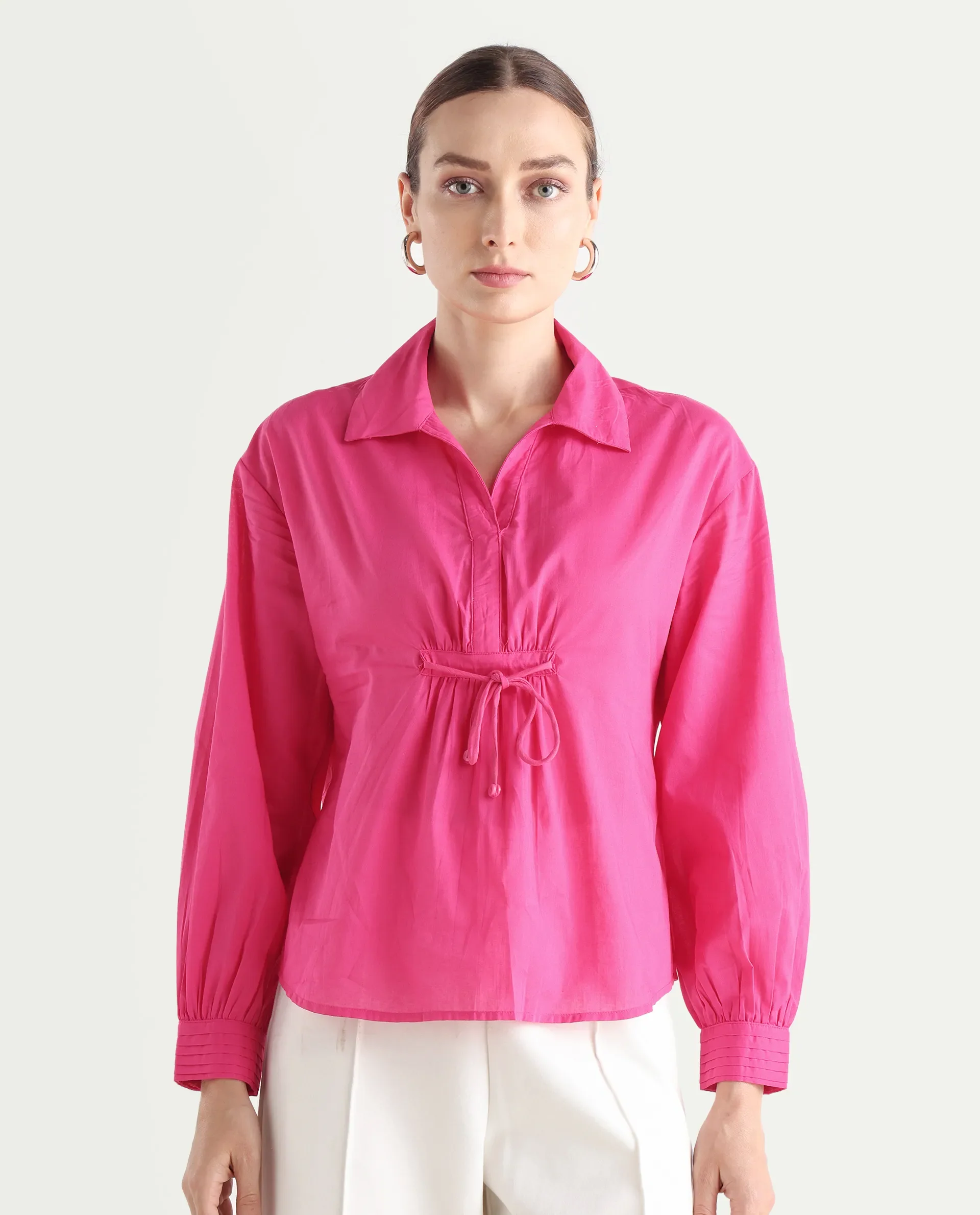 Rareism Women's Somhur T Pink Cotton Spread Collar Plain Bishop Sleeve Relaxed Fit Top - Image 3