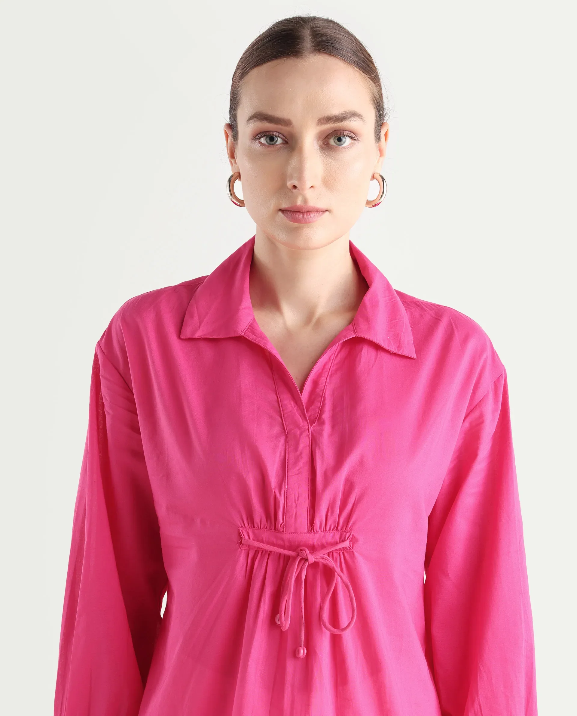 Rareism Women's Somhur T Pink Cotton Spread Collar Plain Bishop Sleeve Relaxed Fit Top - Image 4