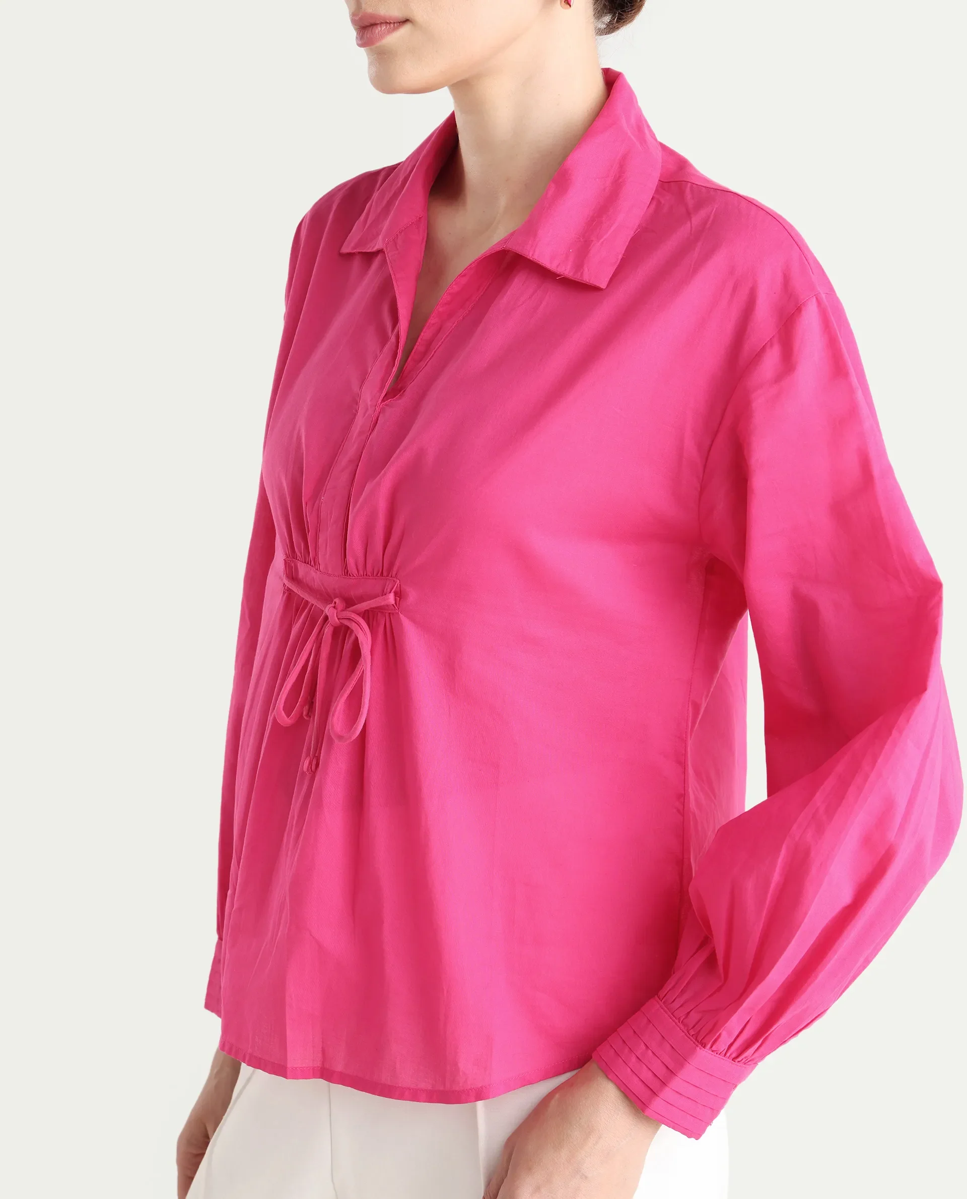 Rareism Women's Somhur T Pink Cotton Spread Collar Plain Bishop Sleeve Relaxed Fit Top - Image 5