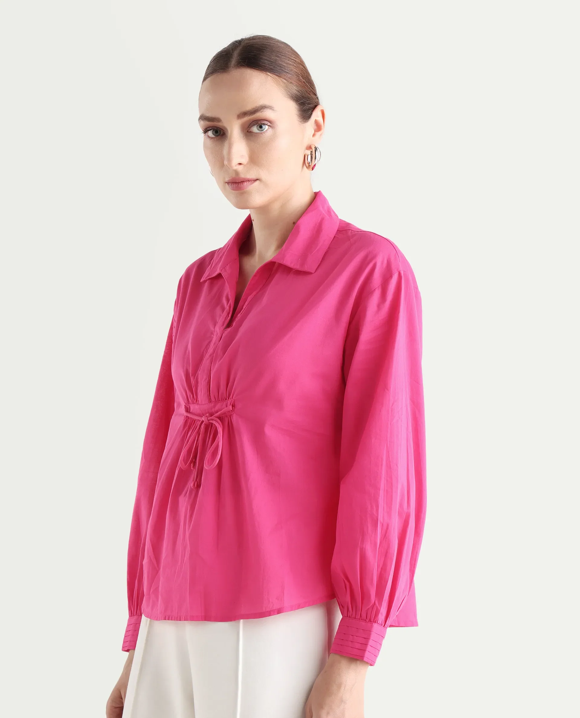 Rareism Women's Somhur T Pink Cotton Spread Collar Plain Bishop Sleeve Relaxed Fit Top - Image 6