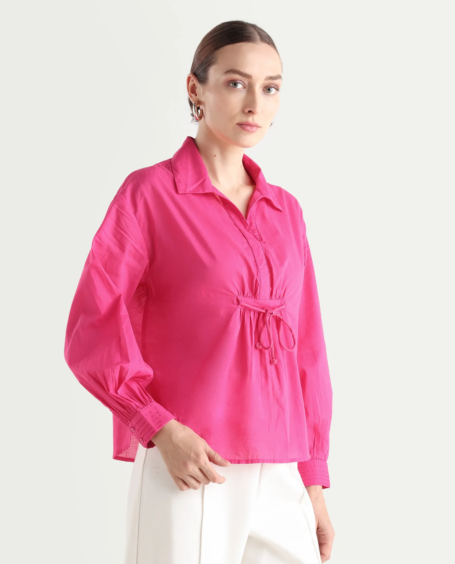 Rareism Women's Somhur T Pink Cotton Spread Collar Plain Bishop Sleeve Relaxed Fit Top - Image 7