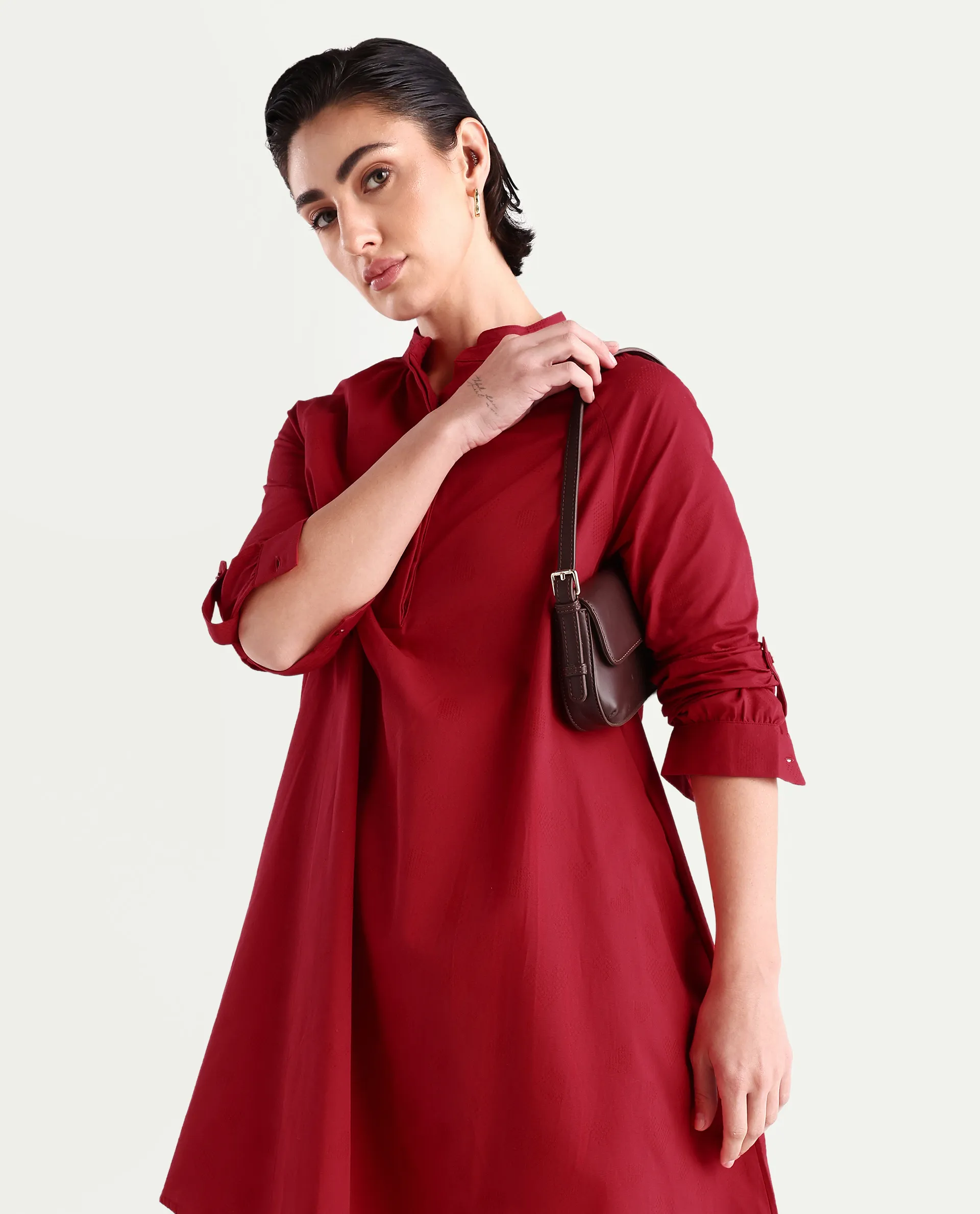 Rareism Women's Somigi Red Cotton Band Collar Plain Raglan Sleeve Mini A-Line Dress - Image 2
