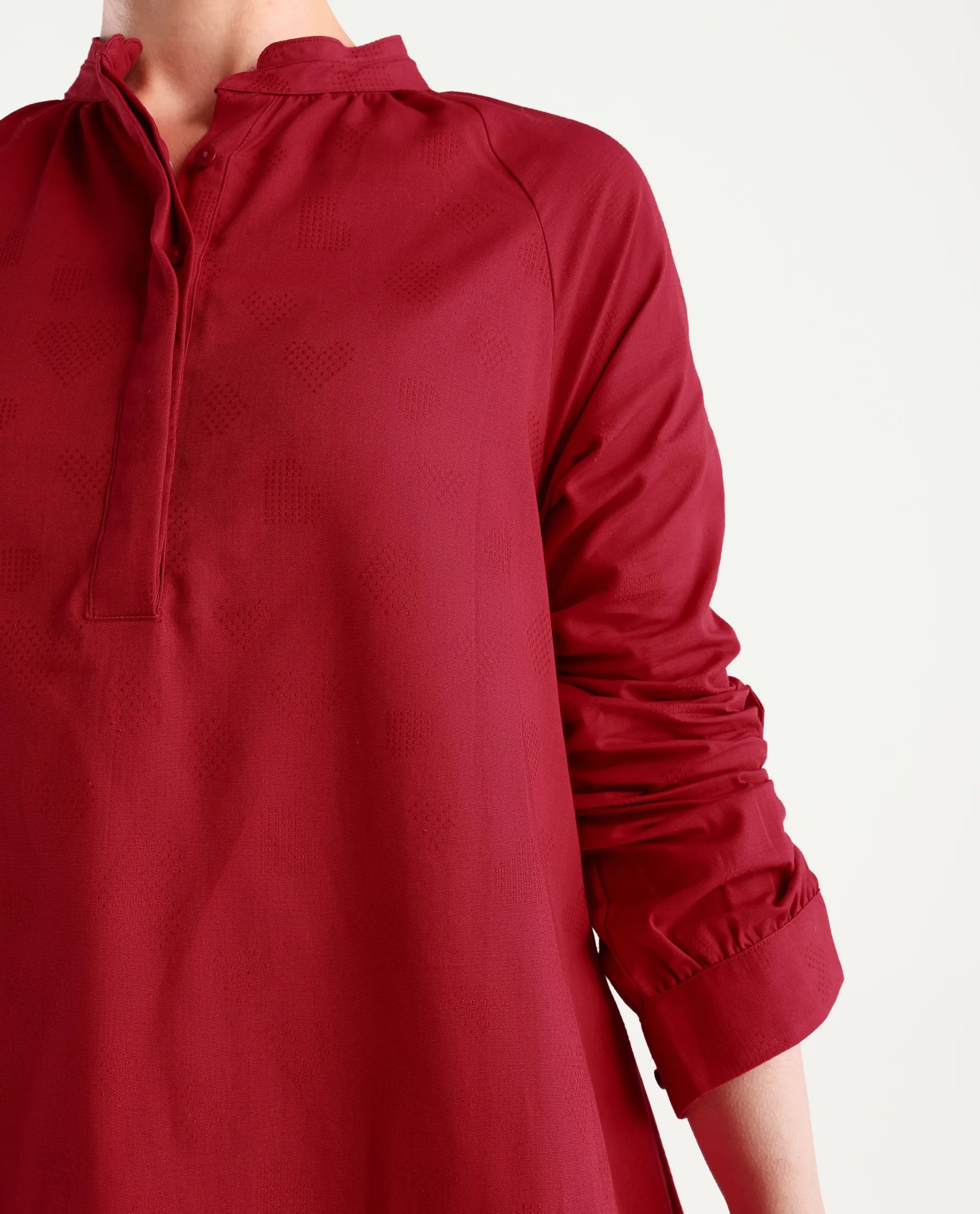 Rareism Women's Somigi Red Cotton Band Collar Plain Raglan Sleeve Mini A-Line Dress - Image 3