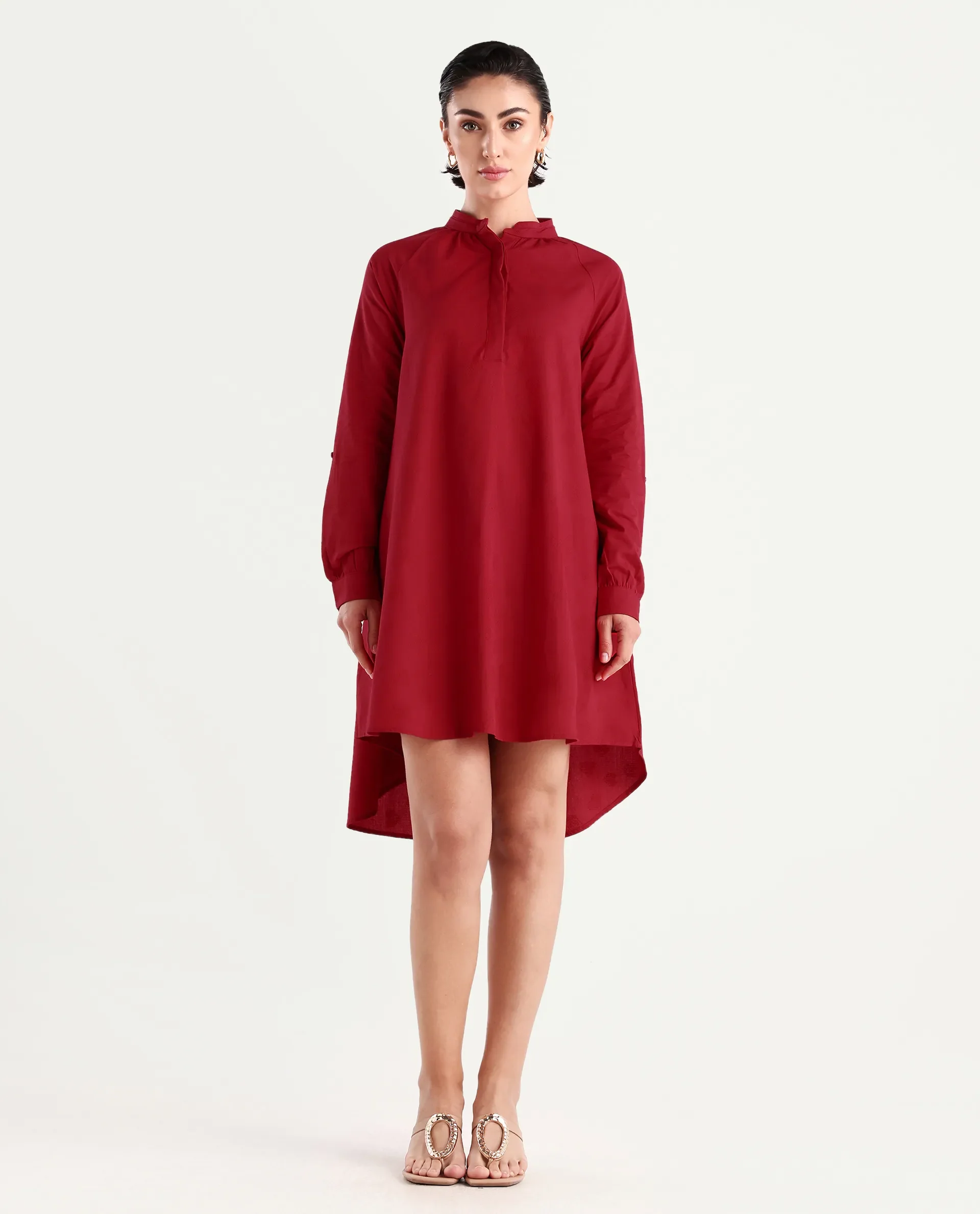 Rareism Women's Somigi Red Cotton Band Collar Plain Raglan Sleeve Mini A-Line Dress - Image 4