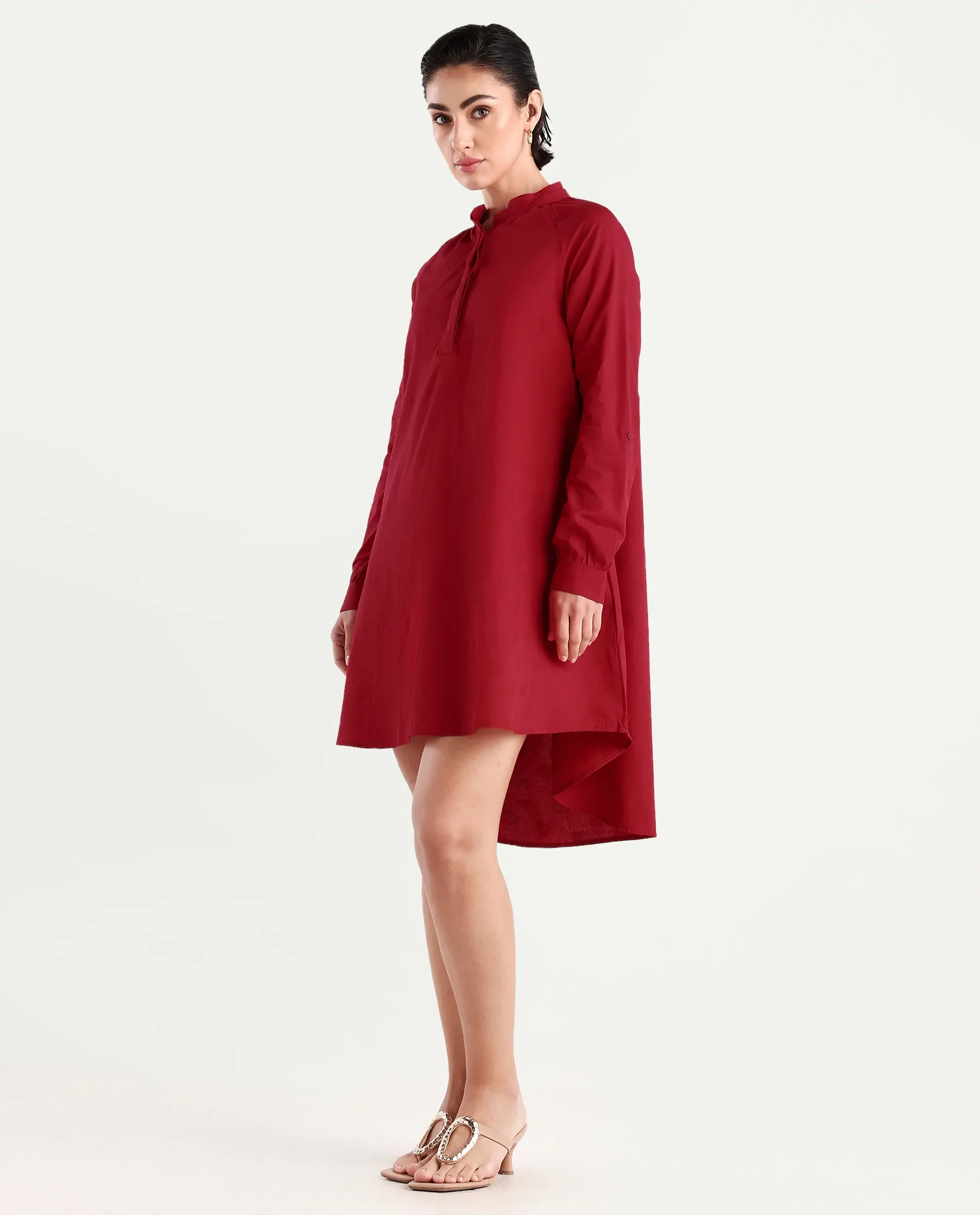Rareism Women's Somigi Red Cotton Band Collar Plain Raglan Sleeve Mini A-Line Dress - Image 5
