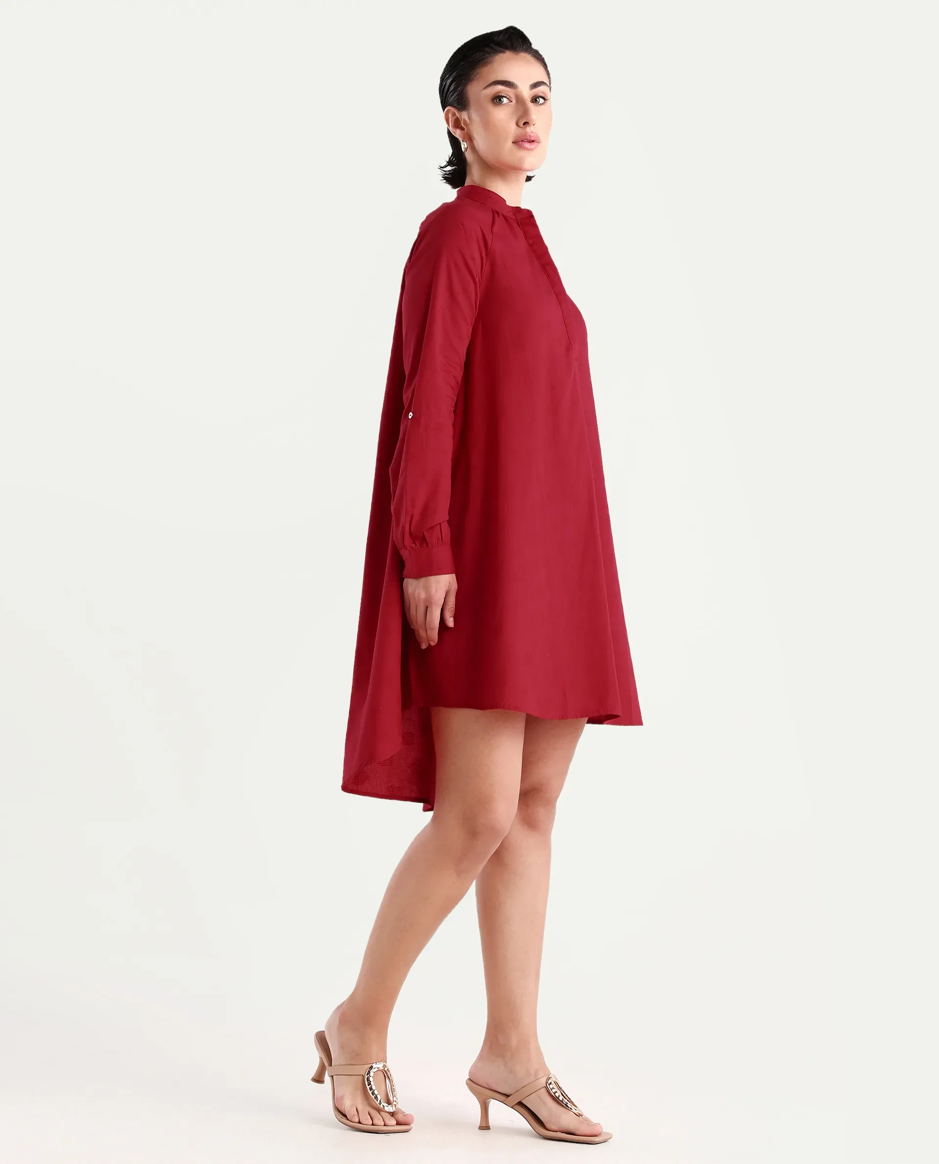 Rareism Women's Somigi Red Cotton Band Collar Plain Raglan Sleeve Mini A-Line Dress - Image 6