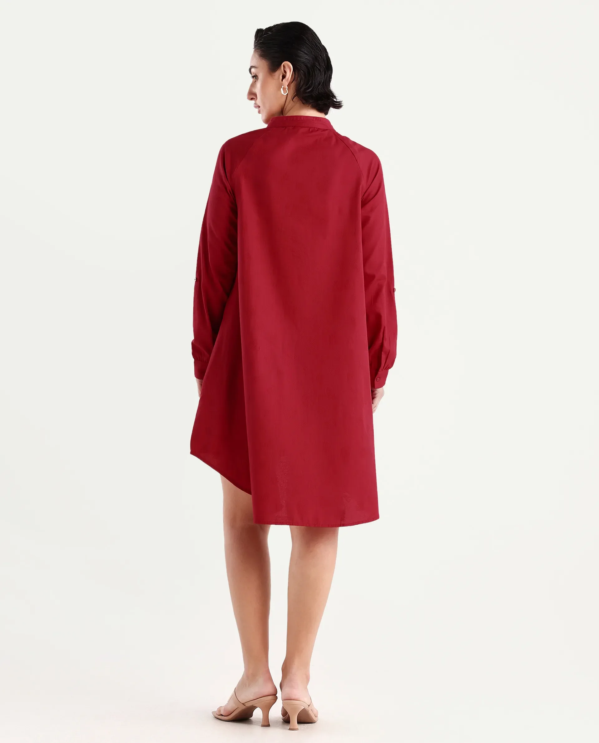 Rareism Women's Somigi Red Cotton Band Collar Plain Raglan Sleeve Mini A-Line Dress - Image 7