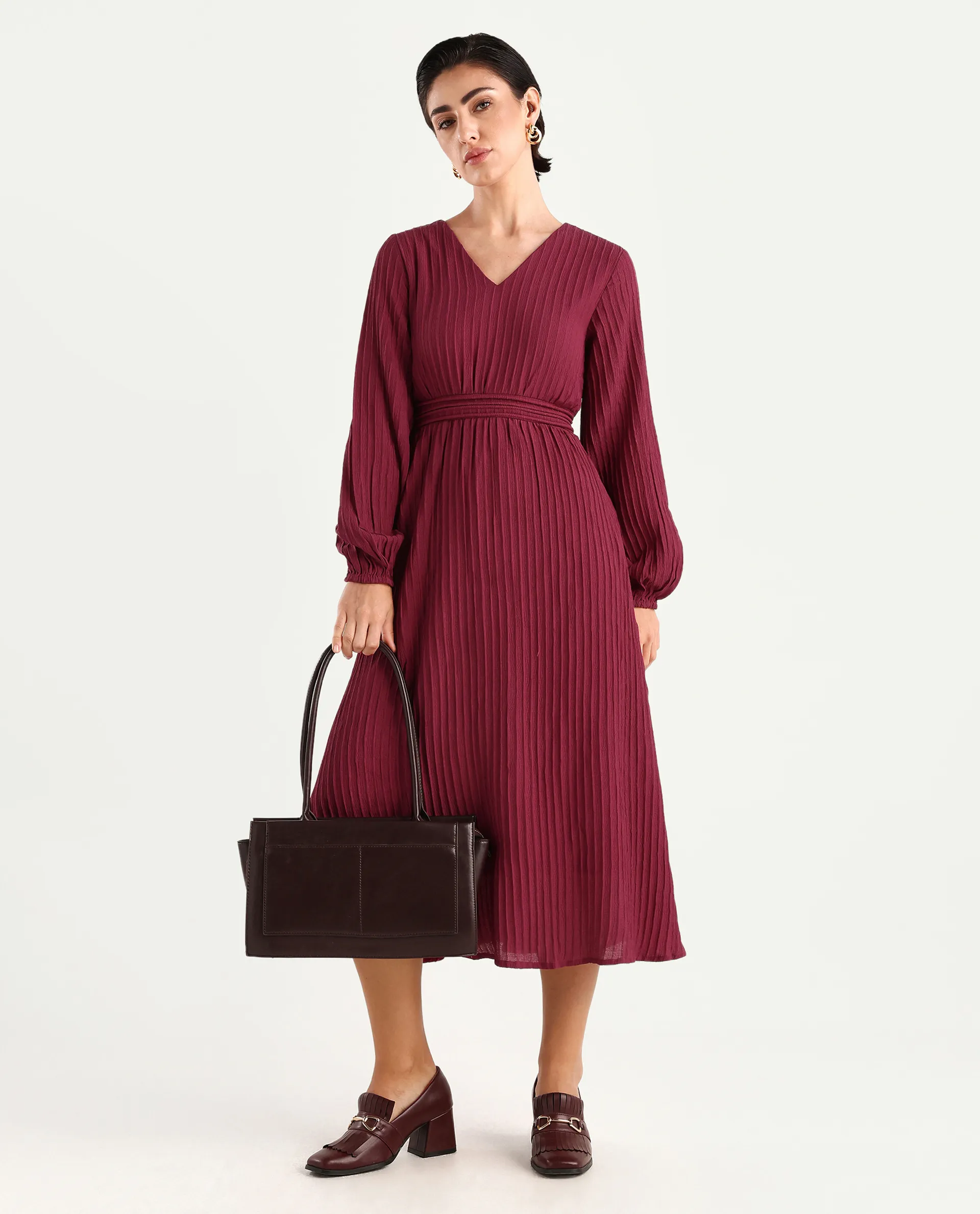 Rareism Women's Somiki Dark Red Polyester Blend V-Neck Plain Bishop Sleeve Midi Flared Dress - Image 2