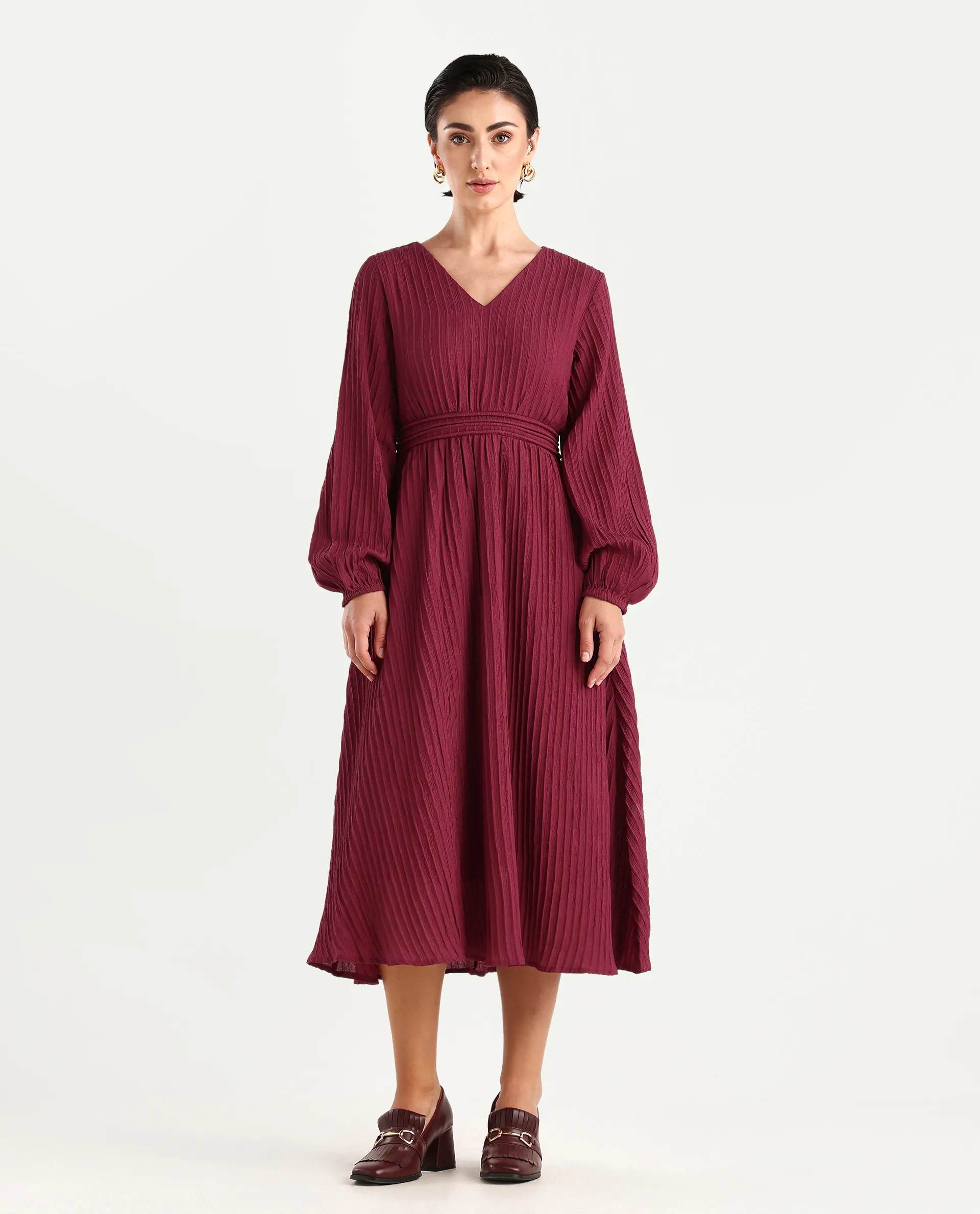 Rareism Women's Somiki Dark Red Polyester Blend V-Neck Plain Bishop Sleeve Midi Flared Dress - Image 3