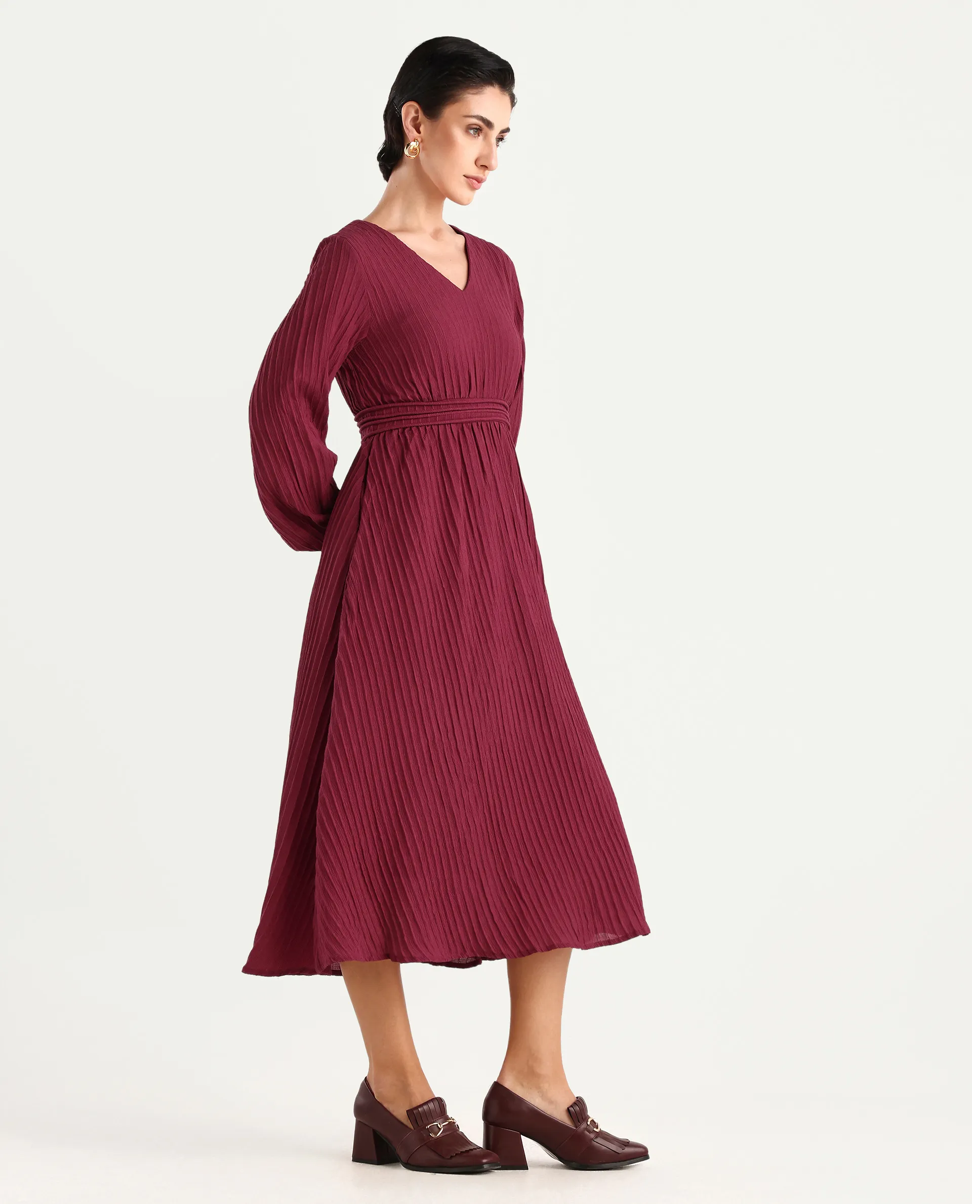 Rareism Women's Somiki Dark Red Polyester Blend V-Neck Plain Bishop Sleeve Midi Flared Dress - Image 6