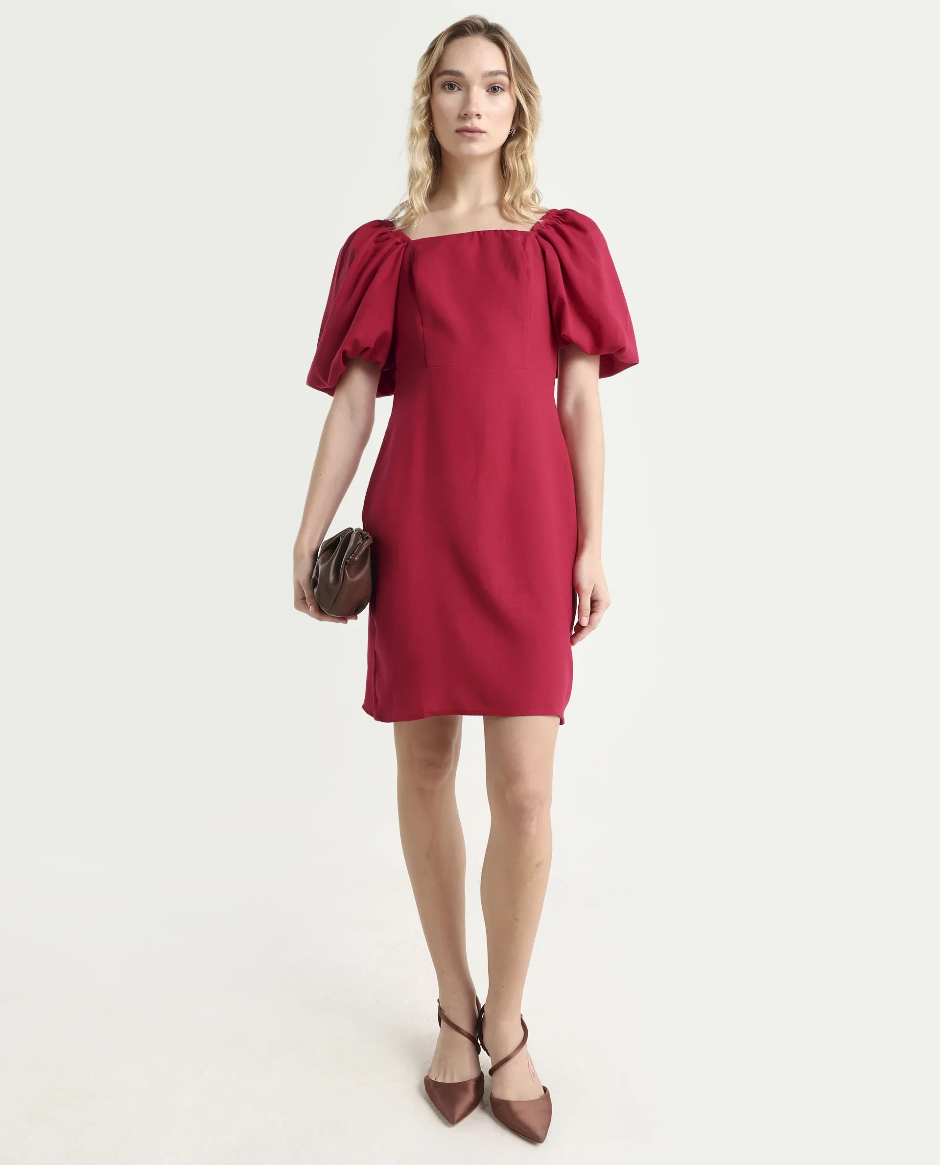 Rareism Women's Somkan Red Polyester Square Neck Plain Balloon Sleeve Mini Straight Fit Dress - Image 2