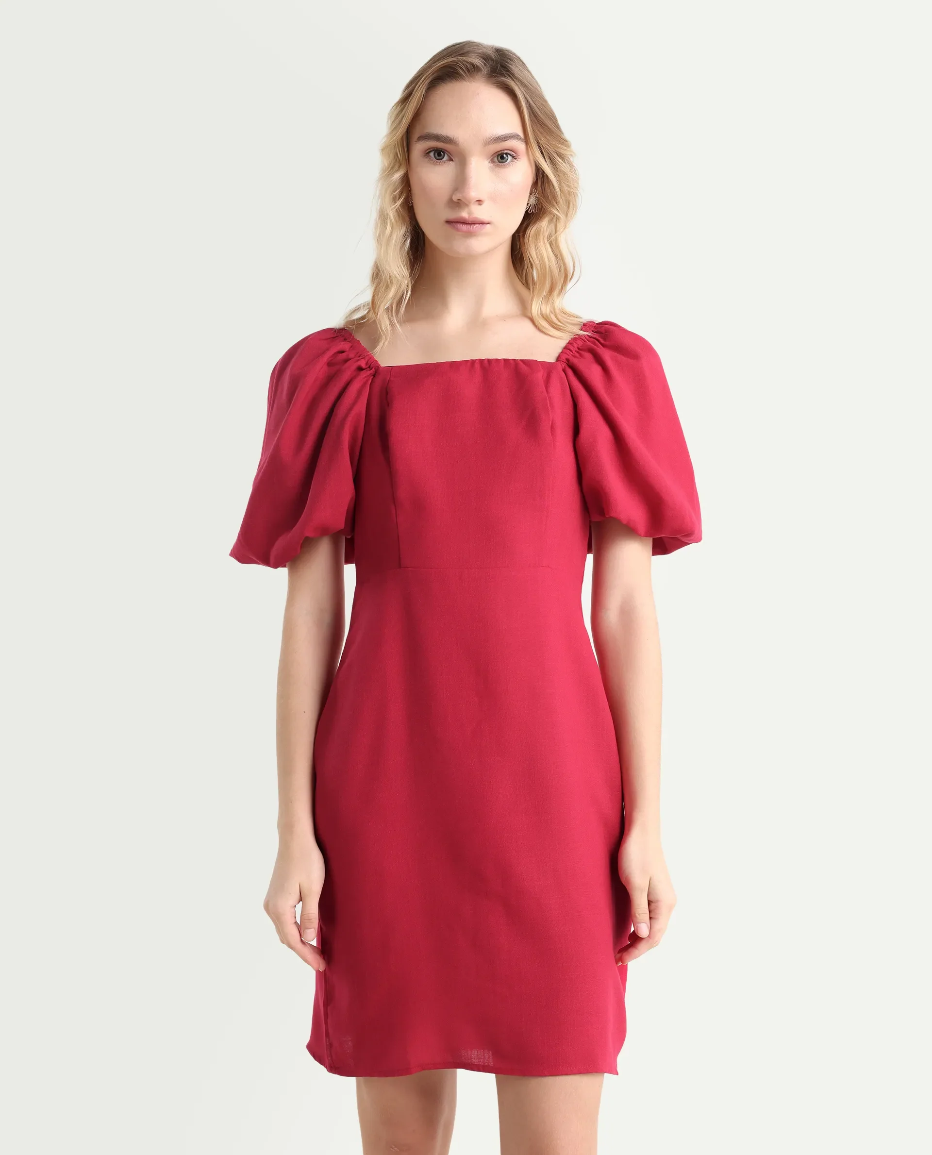 Rareism Women's Somkan Red Polyester Square Neck Plain Balloon Sleeve Mini Straight Fit Dress - Image 3