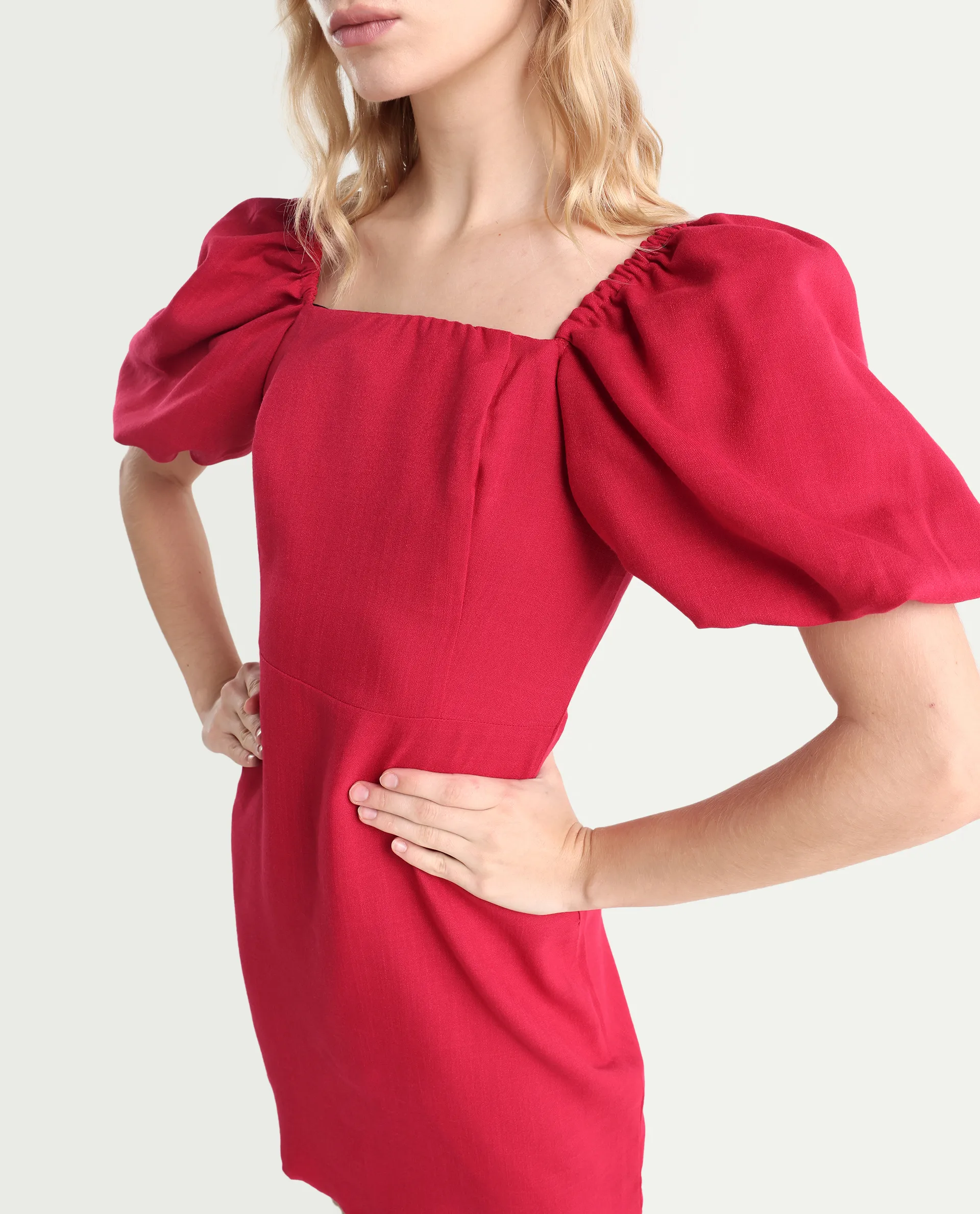 Rareism Women's Somkan Red Polyester Square Neck Plain Balloon Sleeve Mini Straight Fit Dress - Image 4