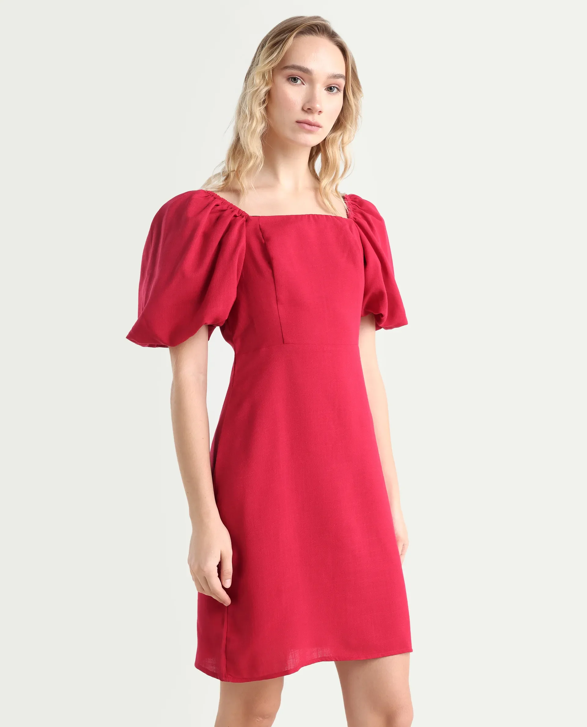 Rareism Women's Somkan Red Polyester Square Neck Plain Balloon Sleeve Mini Straight Fit Dress - Image 6