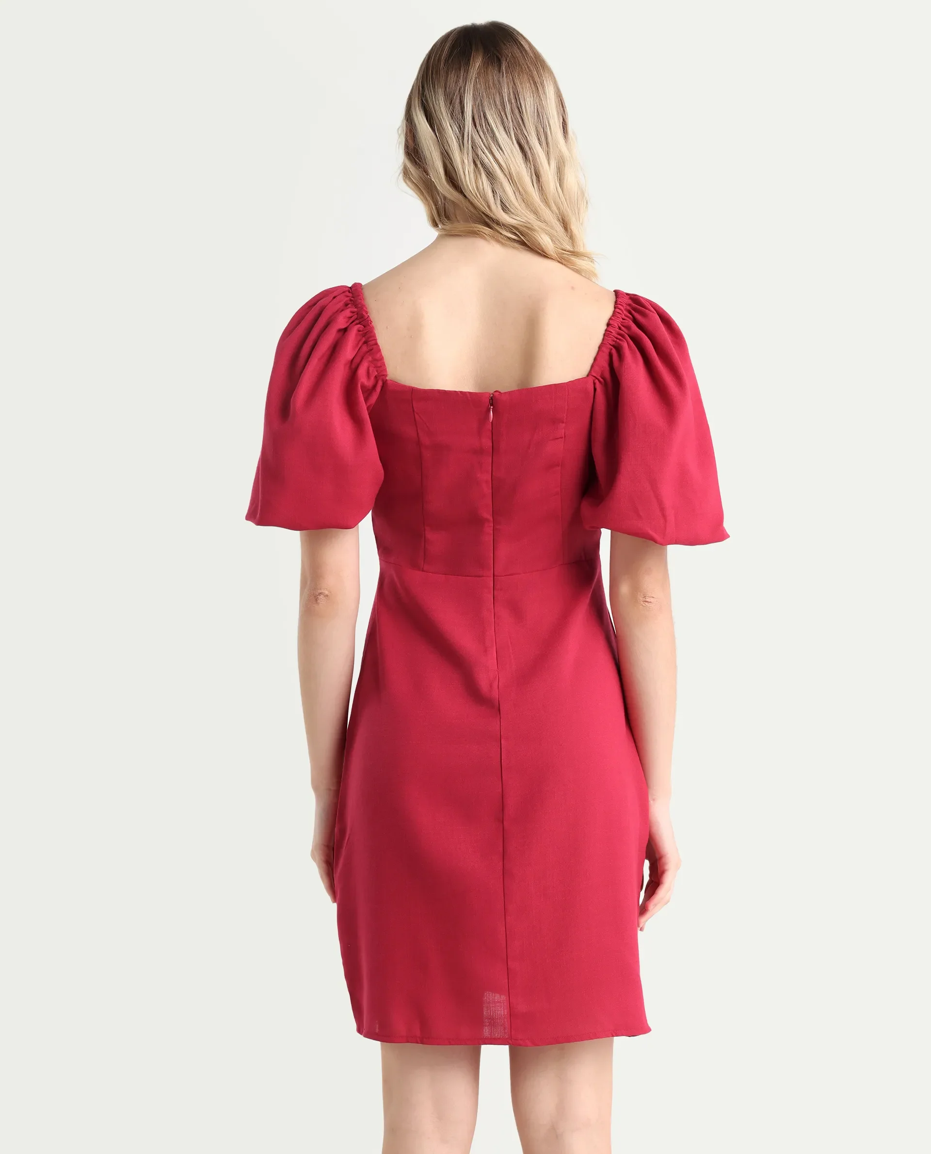 Rareism Women's Somkan Red Polyester Square Neck Plain Balloon Sleeve Mini Straight Fit Dress - Image 7