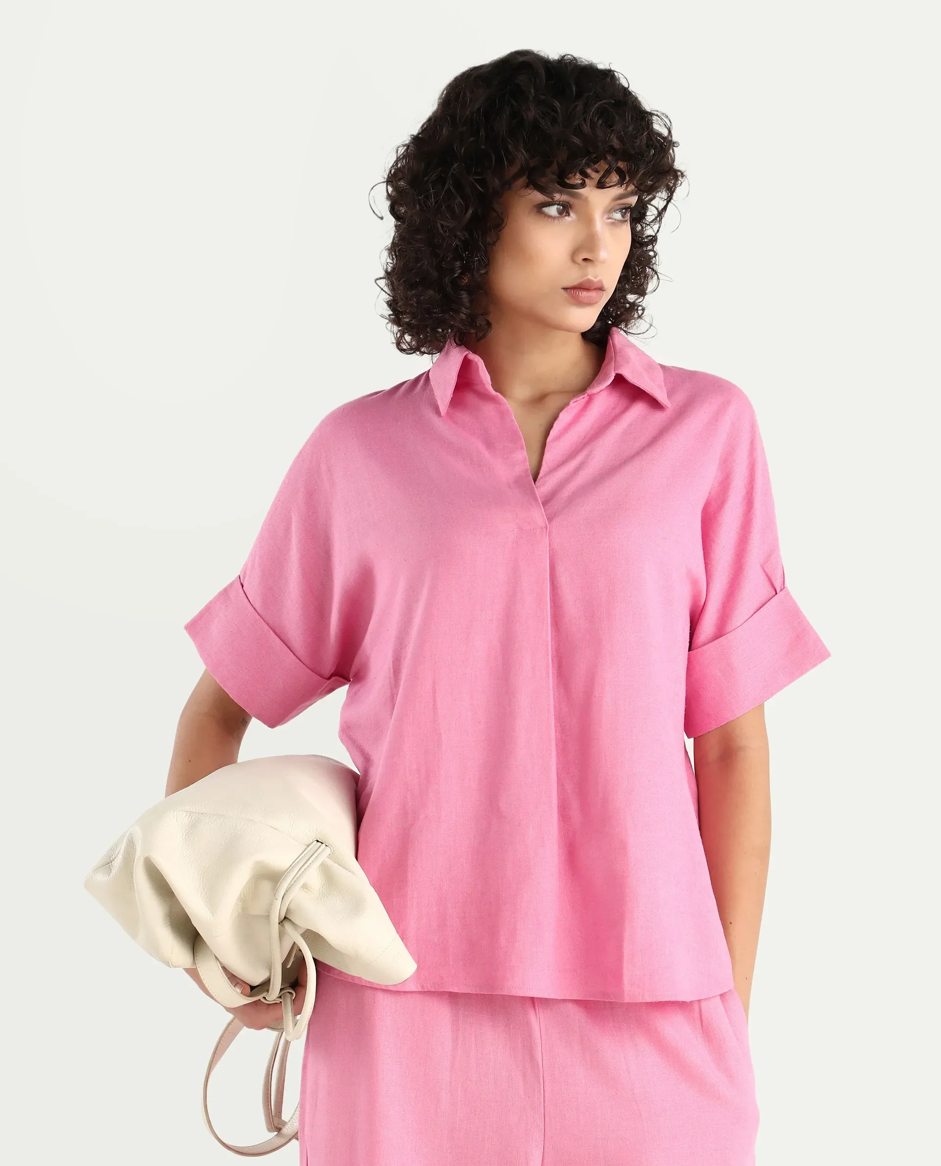 Rareism Women's Somkar T Pink Viscose Blend Johnny Collar Plain Extended Sleeves Relaxed Fit Top