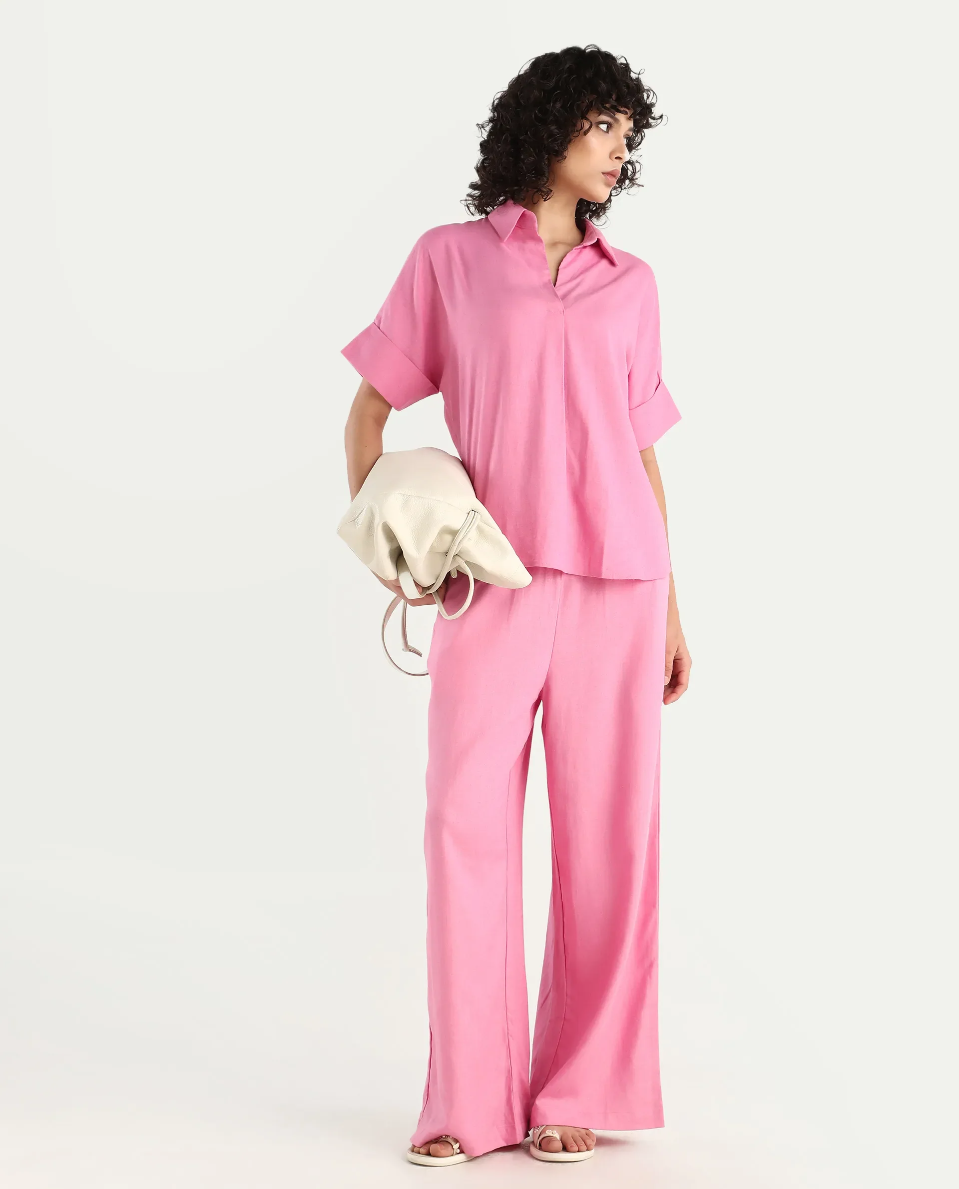 Rareism Women's Somkar T Pink Viscose Blend Johnny Collar Plain Extended Sleeves Relaxed Fit Top - Image 2