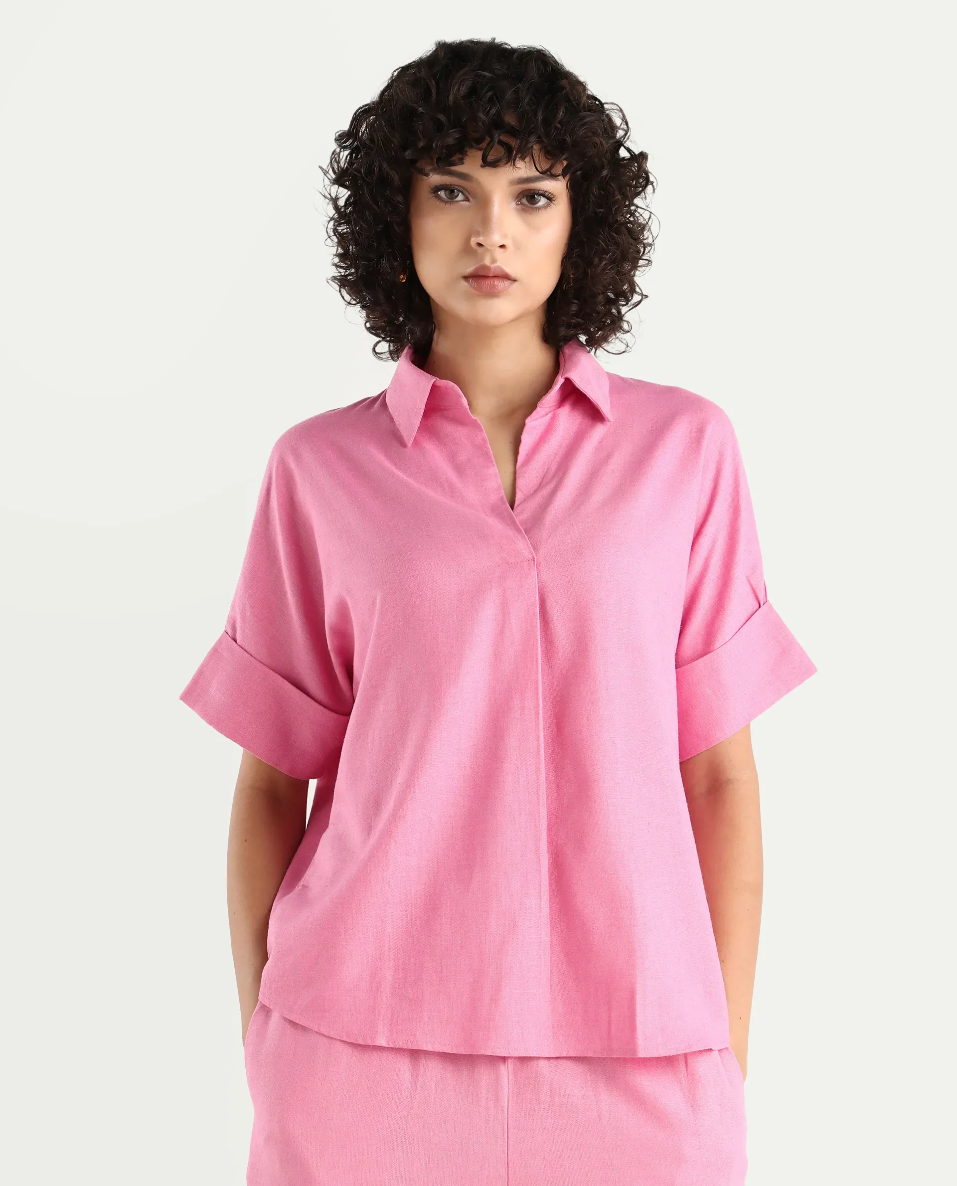 Rareism Women's Somkar T Pink Viscose Blend Johnny Collar Plain Extended Sleeves Relaxed Fit Top - Image 3