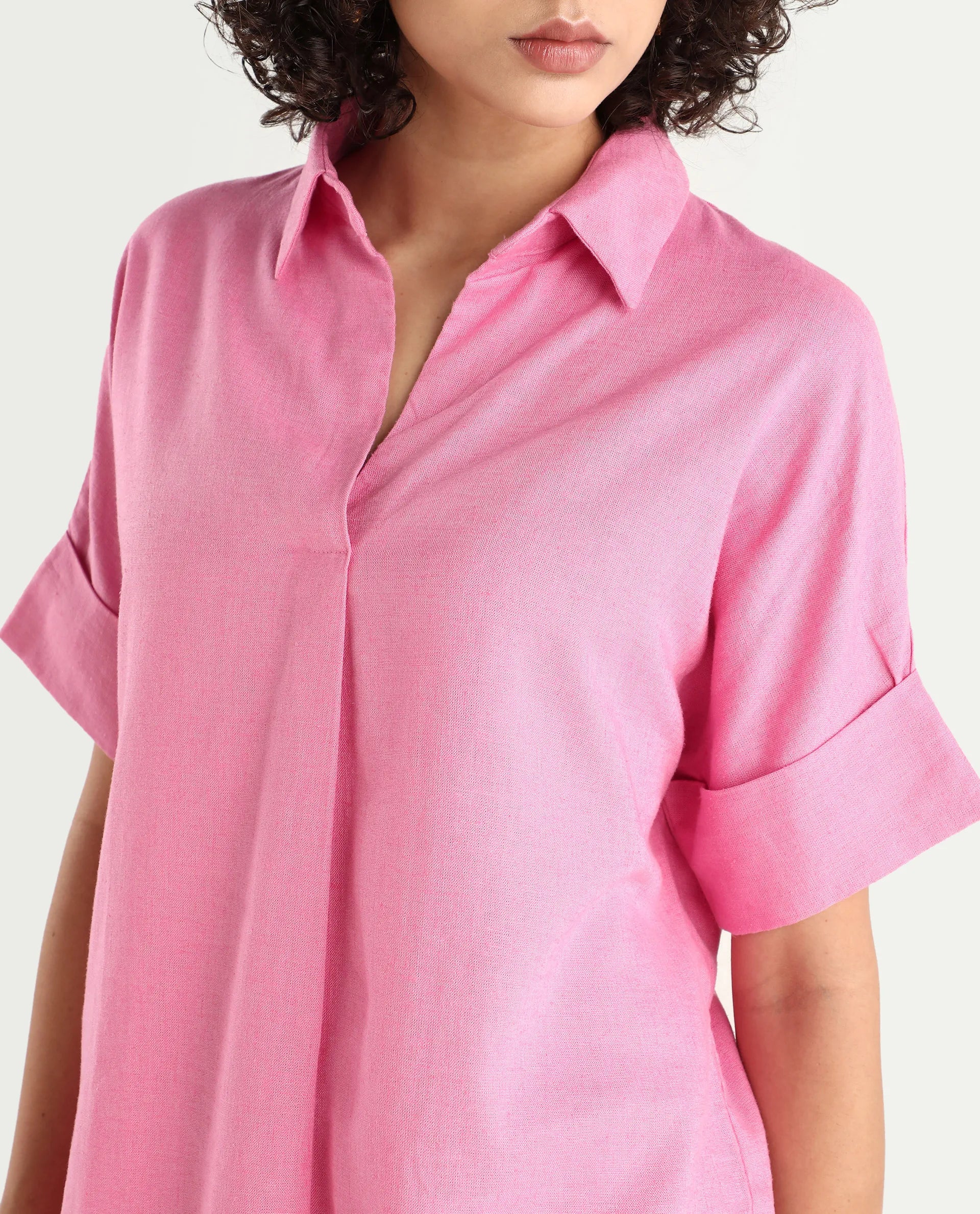 Rareism Women's Somkar T Pink Viscose Blend Johnny Collar Plain Extended Sleeves Relaxed Fit Top - Image 4