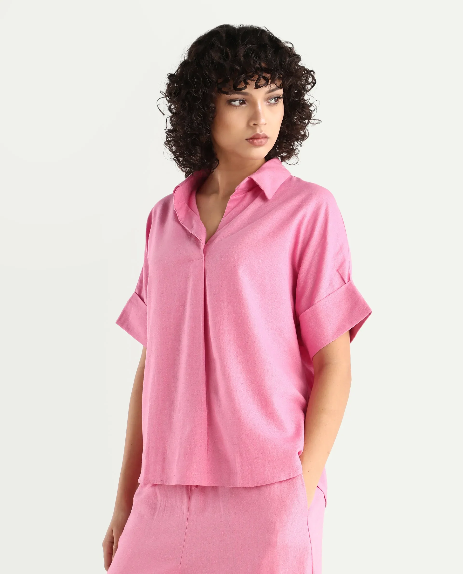 Rareism Women's Somkar T Pink Viscose Blend Johnny Collar Plain Extended Sleeves Relaxed Fit Top - Image 5