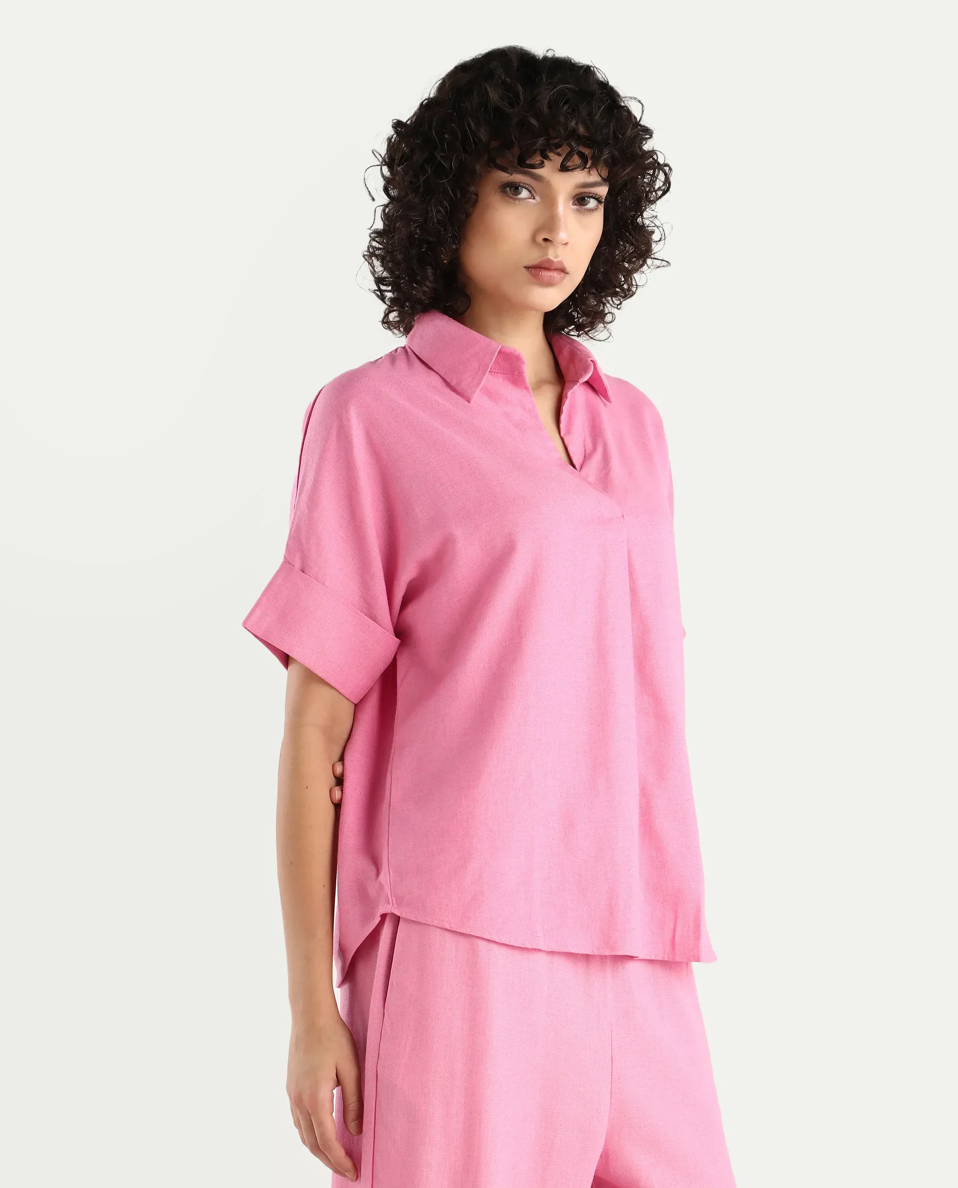 Rareism Women's Somkar T Pink Viscose Blend Johnny Collar Plain Extended Sleeves Relaxed Fit Top - Image 6