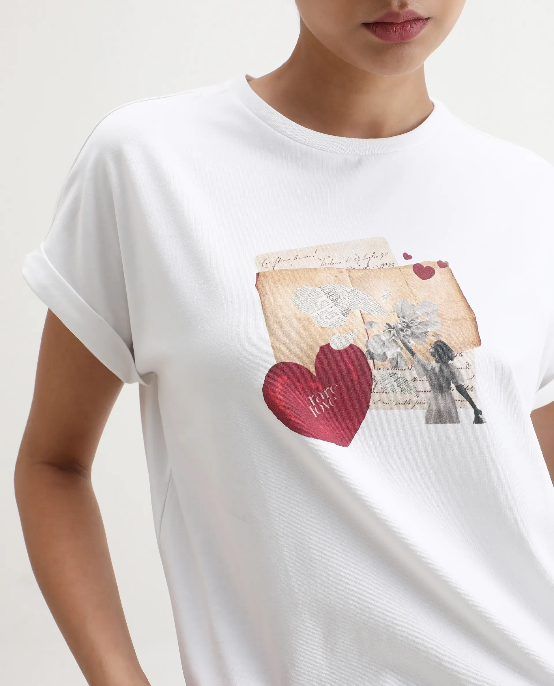 Rareism Women's Somker Off White Cotton Blend Crew Neck Graphic Print Extended Sleeves Regular Fit T-Shirt - Image 3